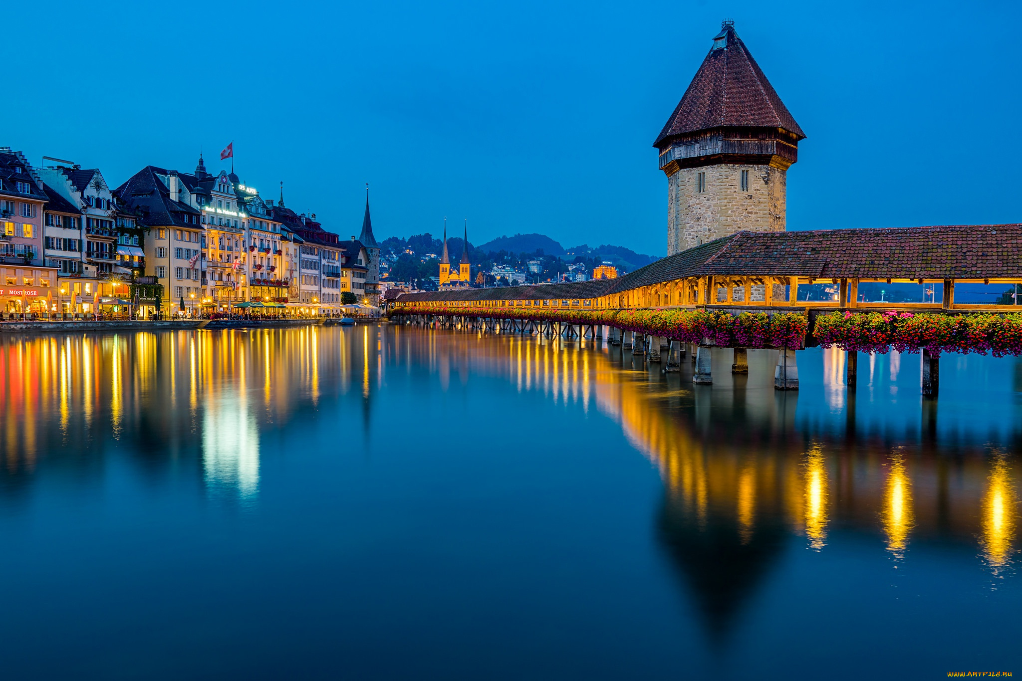 города, люцерн, , швейцария, switzerland, люцерн, отражение, ночной, город, мост, капельбрюкке