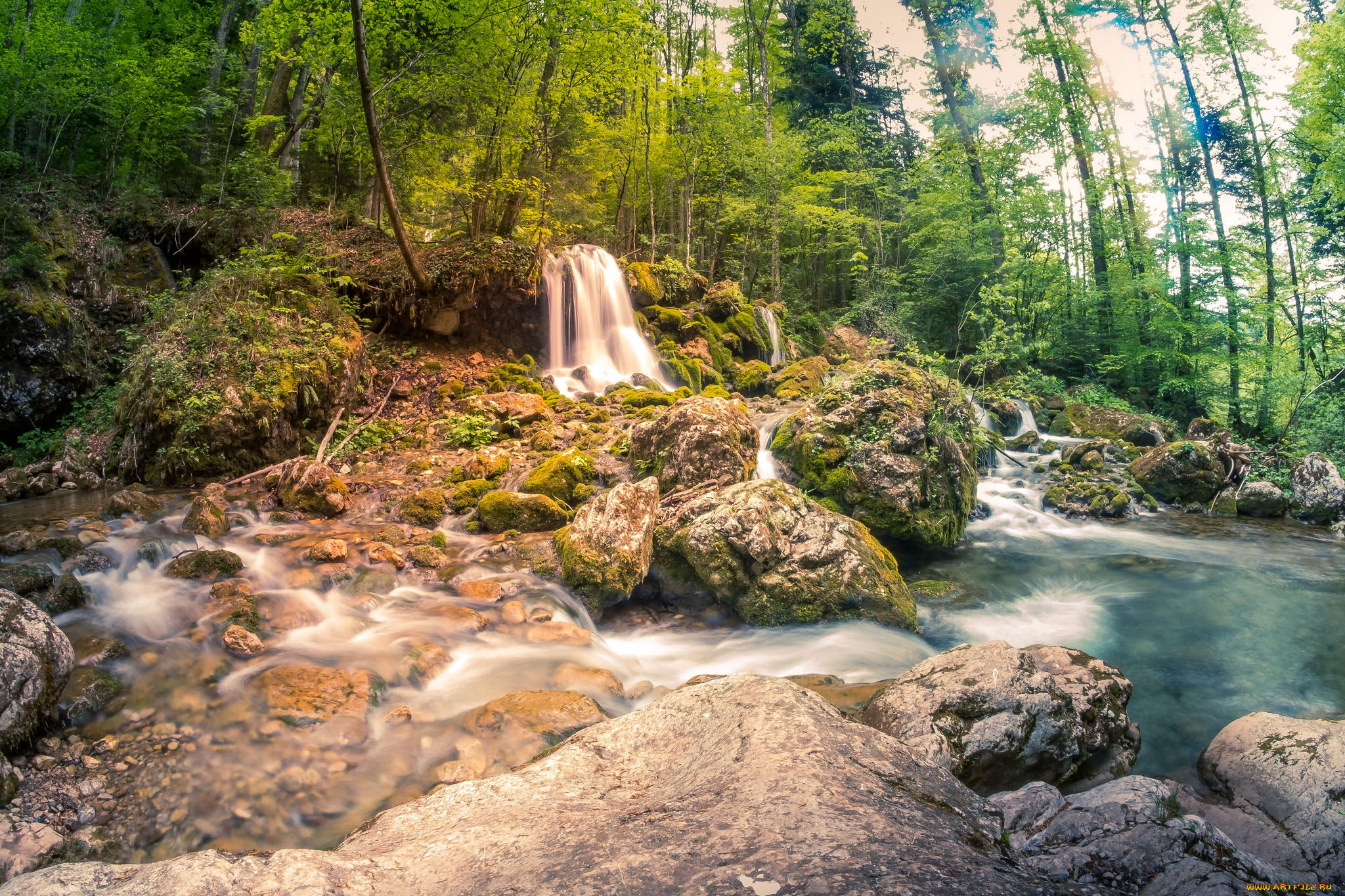 природа, водопады, водопад, река, лес