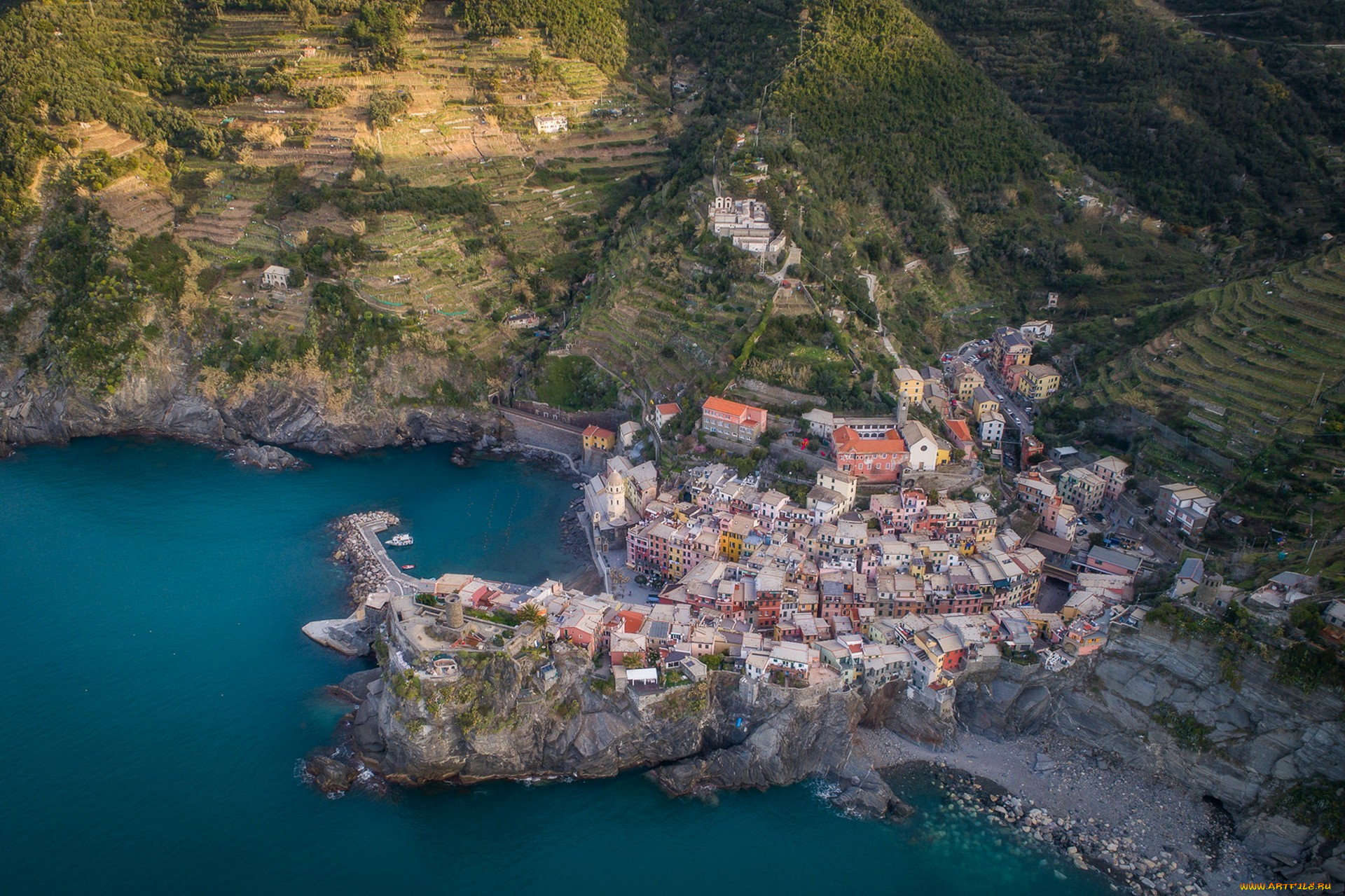 vernazza, aerial, города, амальфийское, и, лигурийское, побережье, , италия, простор