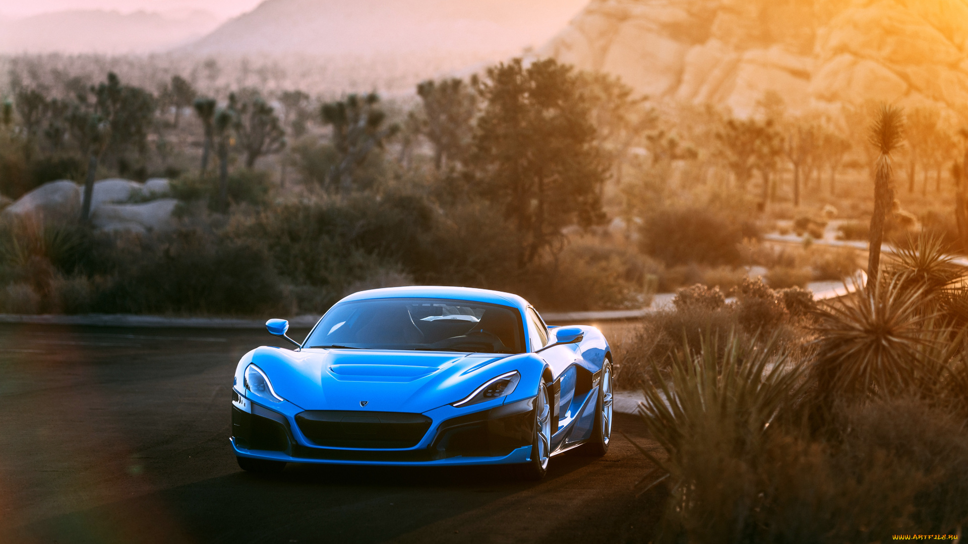 rimac, c, two, california, edition, автомобили, rimac, синий, дорога, горы, деревья