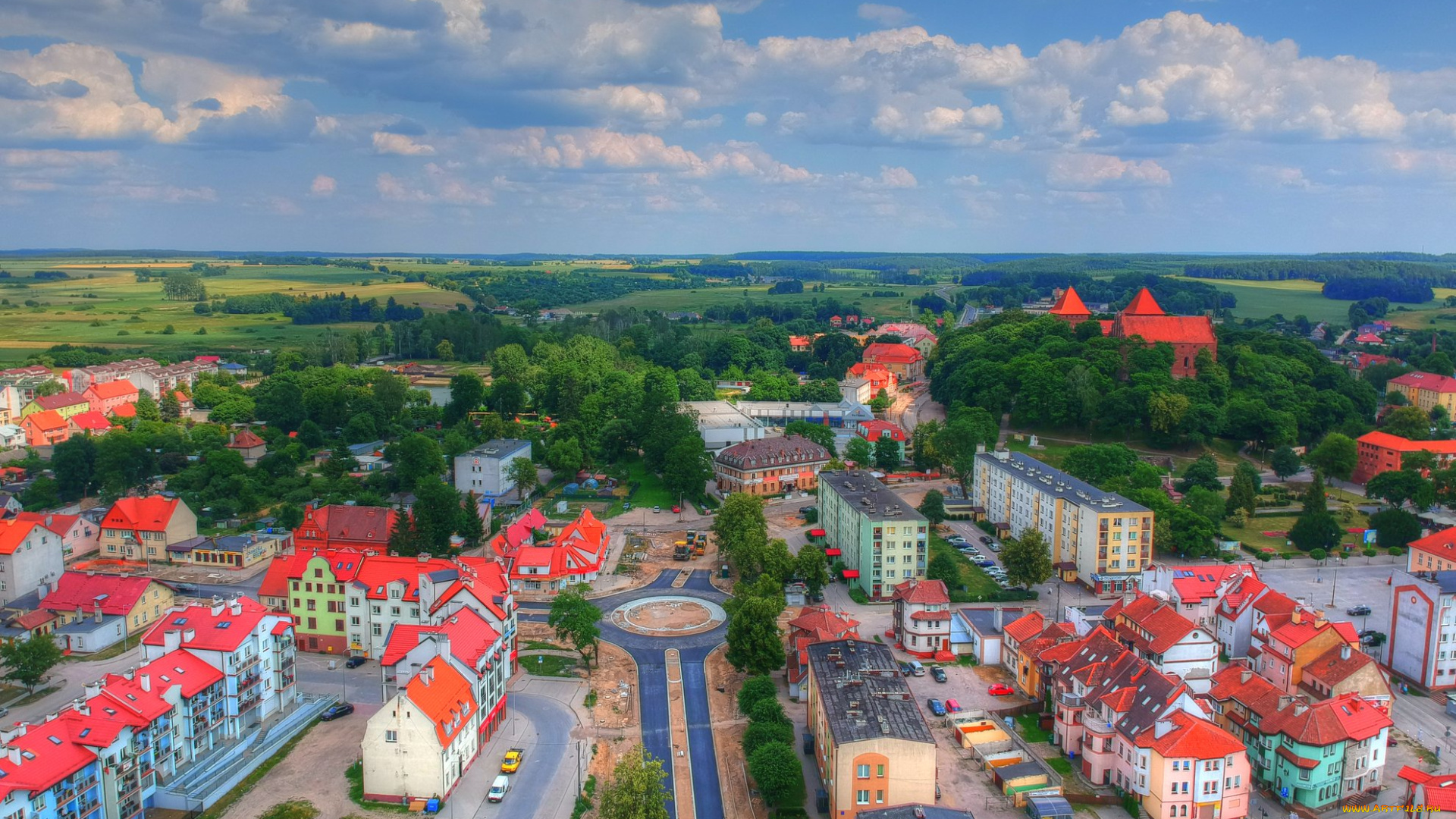 города, -, панорамы, польша, нидзица, фотография, с, дрoна, карусели