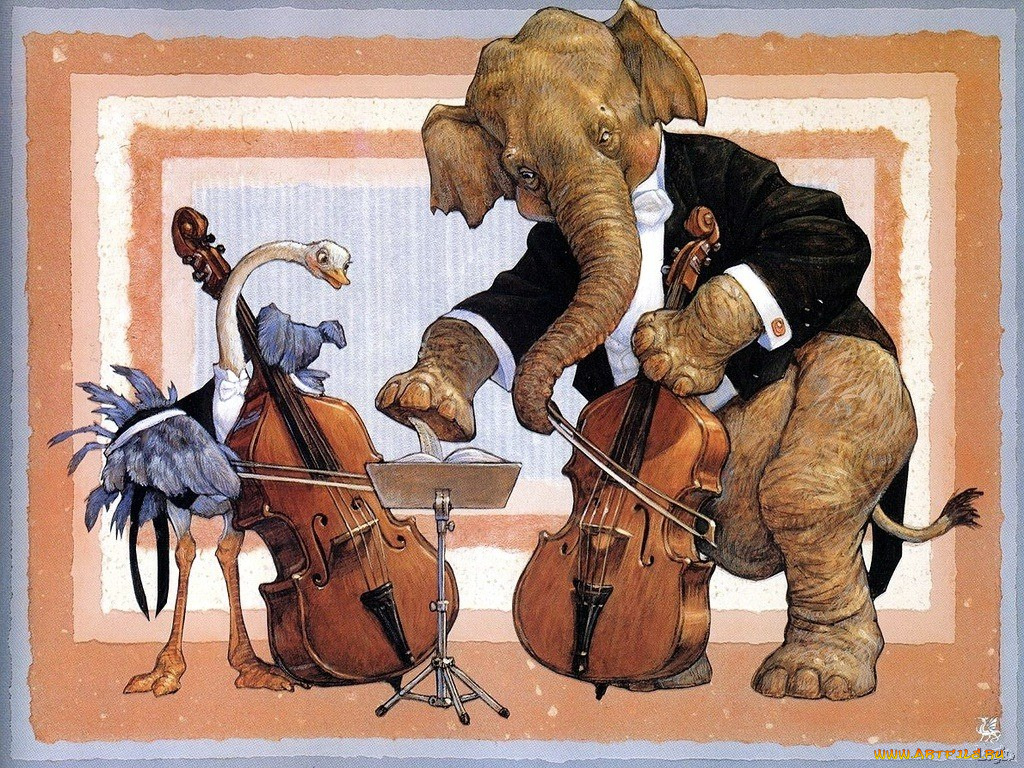 рисованные, животные, слон, гусь, виолончель