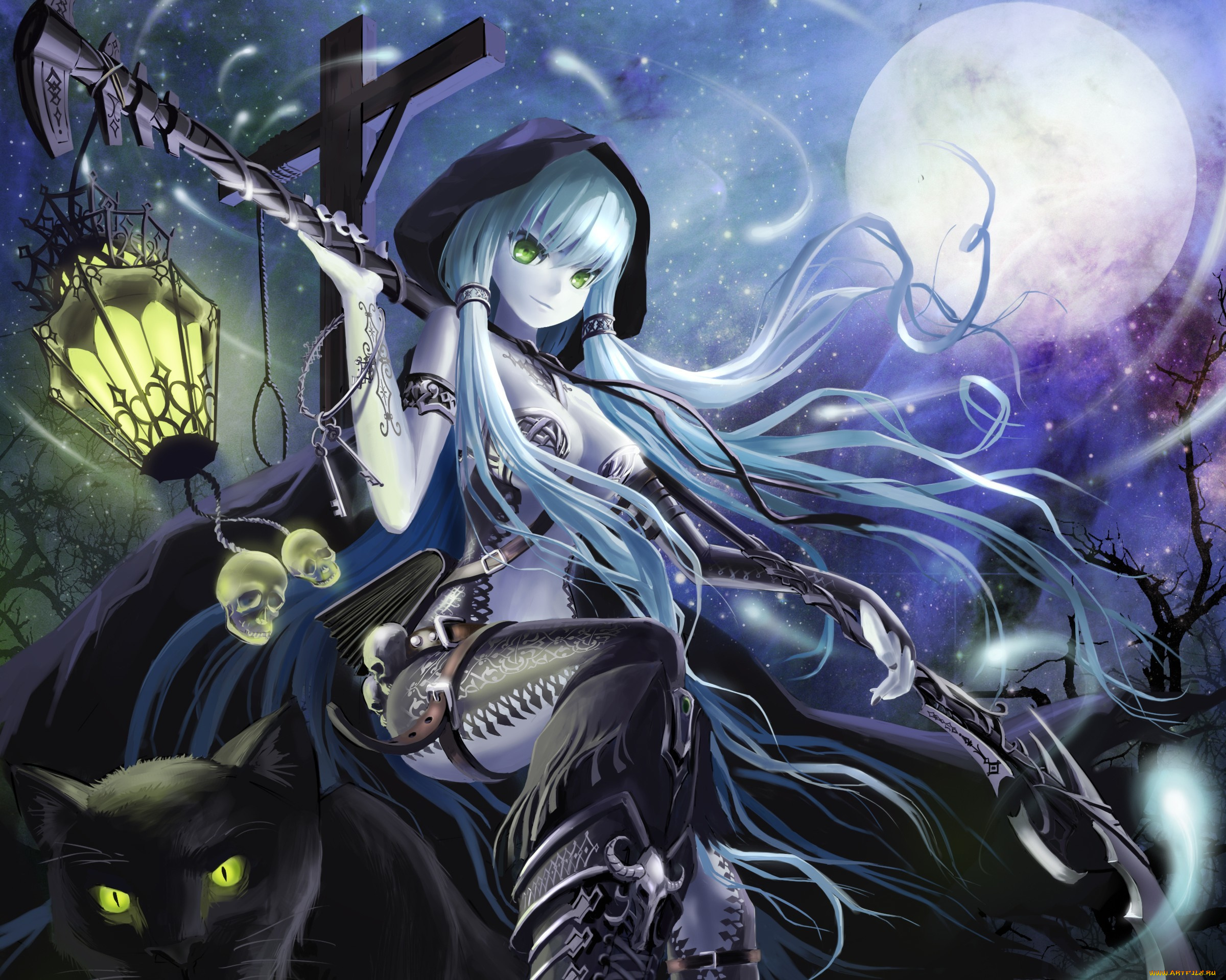 аниме, -halloween, &, magic, ost02, арт, кошка, девушка, фонарь, луна, ночь, крест, черепа