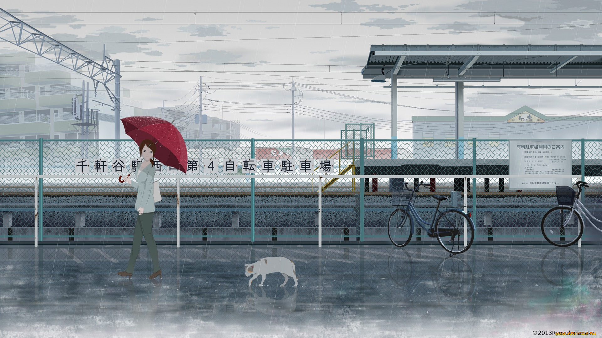 аниме, город, , улицы, , здания, забор, tanaka, ryosuke, велосипед, арт, кот, зонт, девушка, дождь