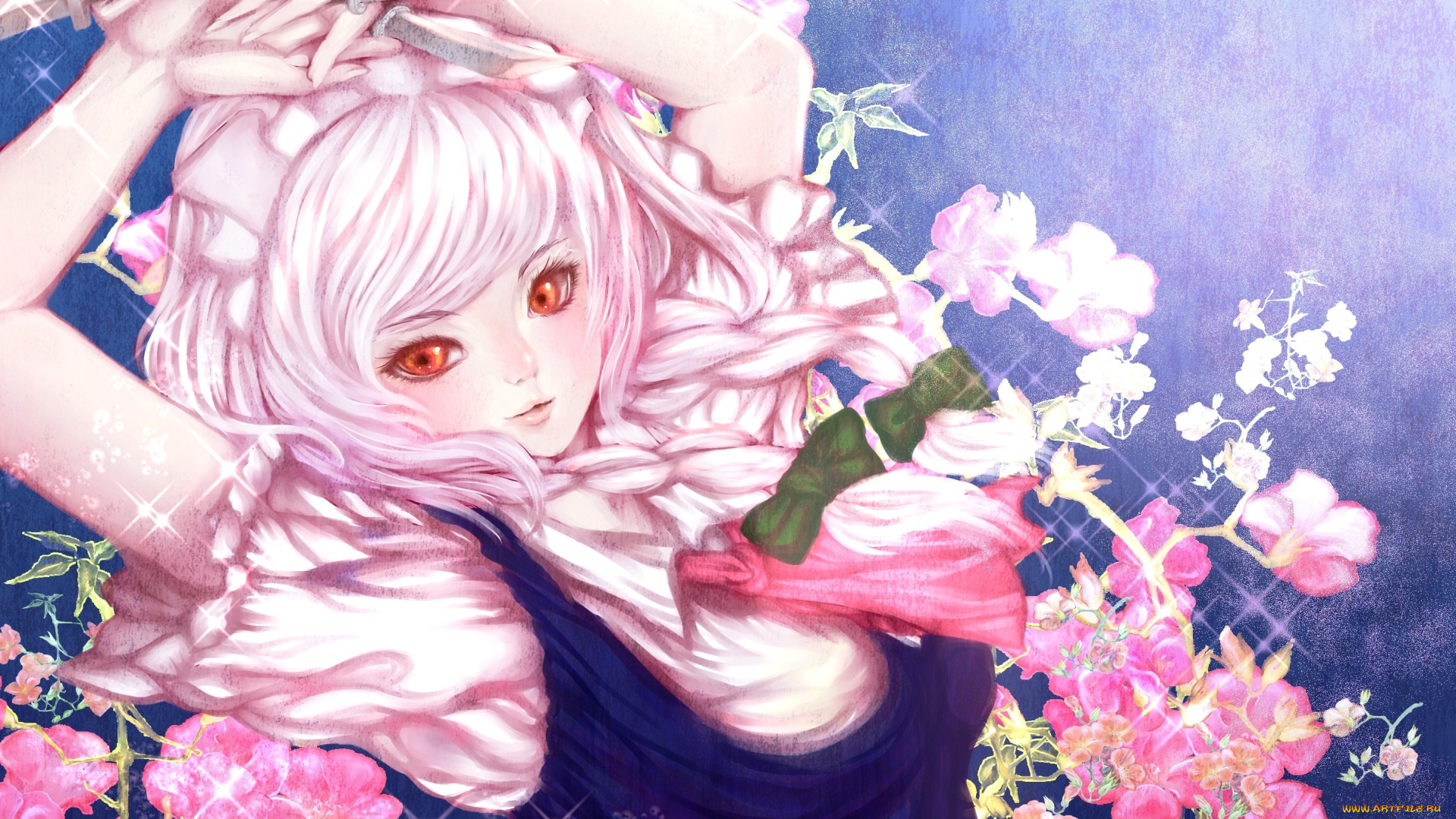 аниме, touhou, цветы, бантики, косички, оружие, ножи, девушка, izayoi, sakuya, apricot, арт