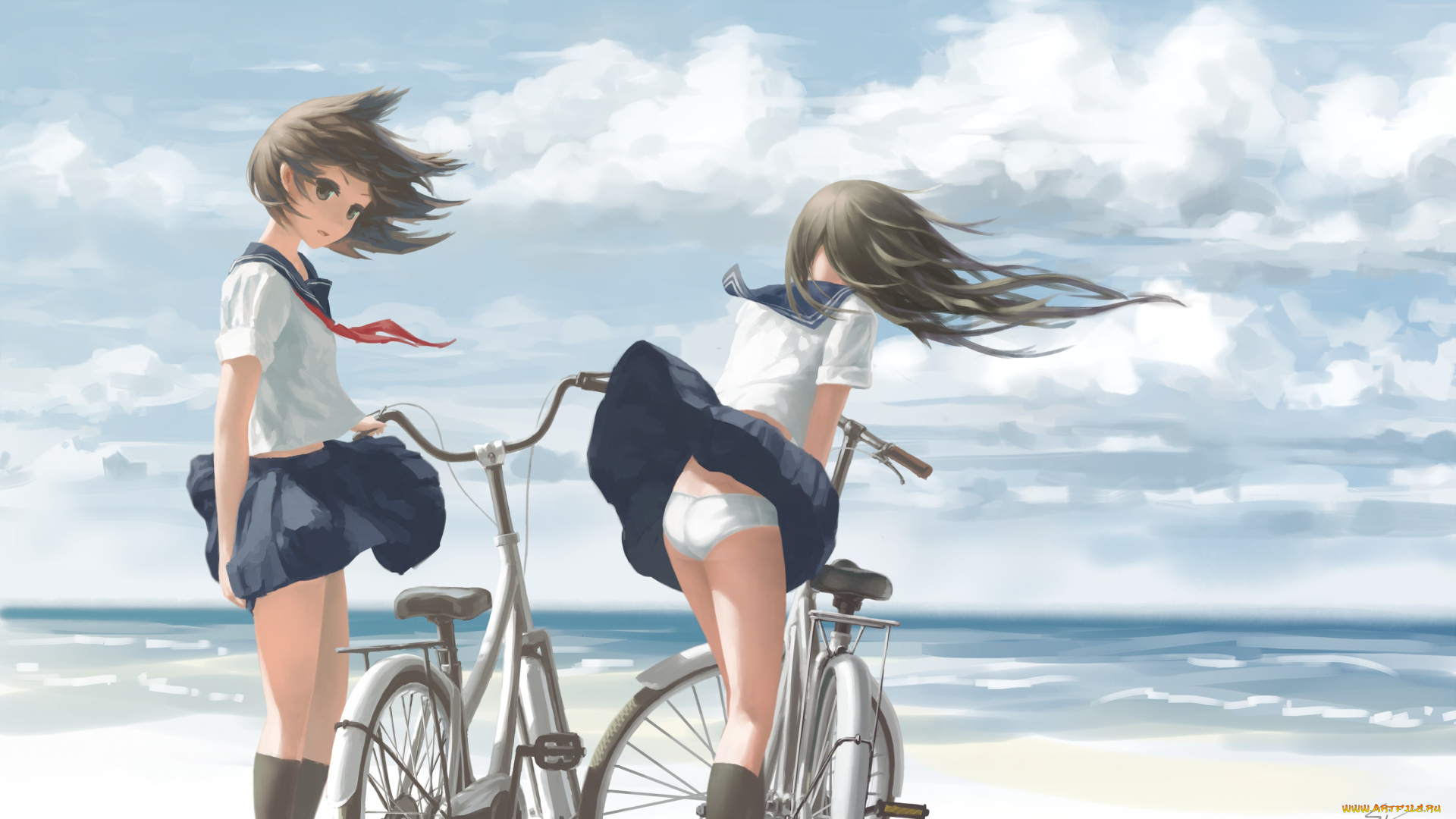 аниме, unknown, , другое, si-ruanmumu, арт, девушки, пляж, море, велосипед, облака, небо, ветер
