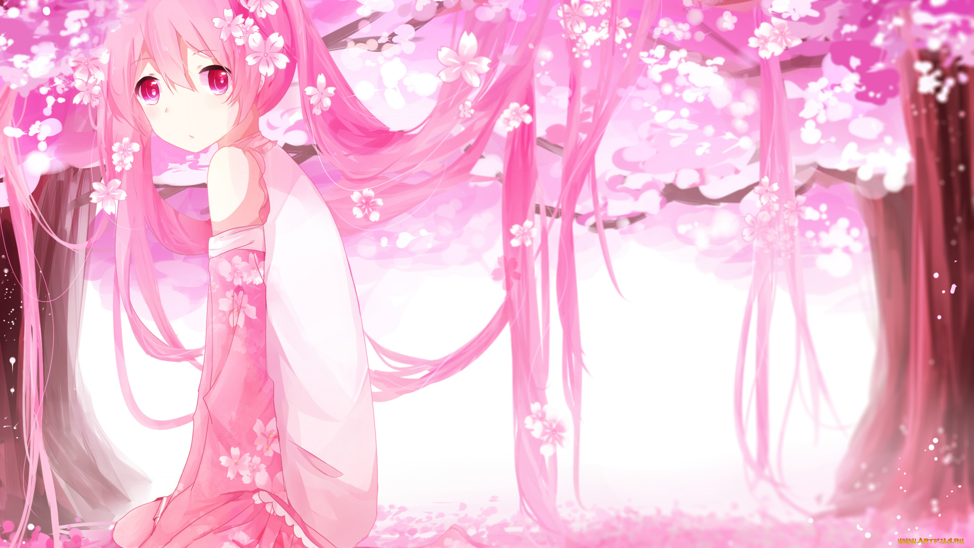 аниме, vocaloid, hatsune, miku, tagme, artist, sakura, цветы, волосы, арт, девушка, розовый