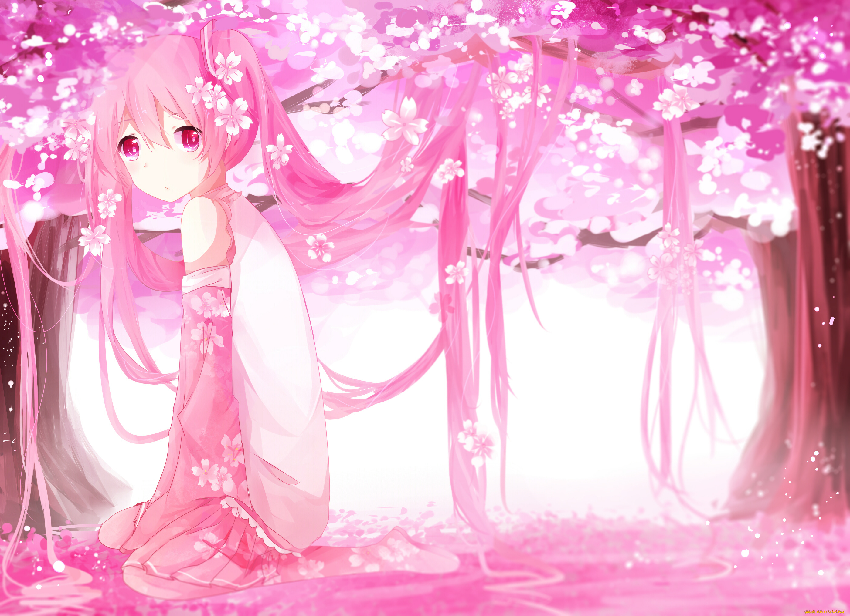 аниме, vocaloid, hatsune, miku, tagme, artist, sakura, цветы, волосы, арт, девушка, розовый