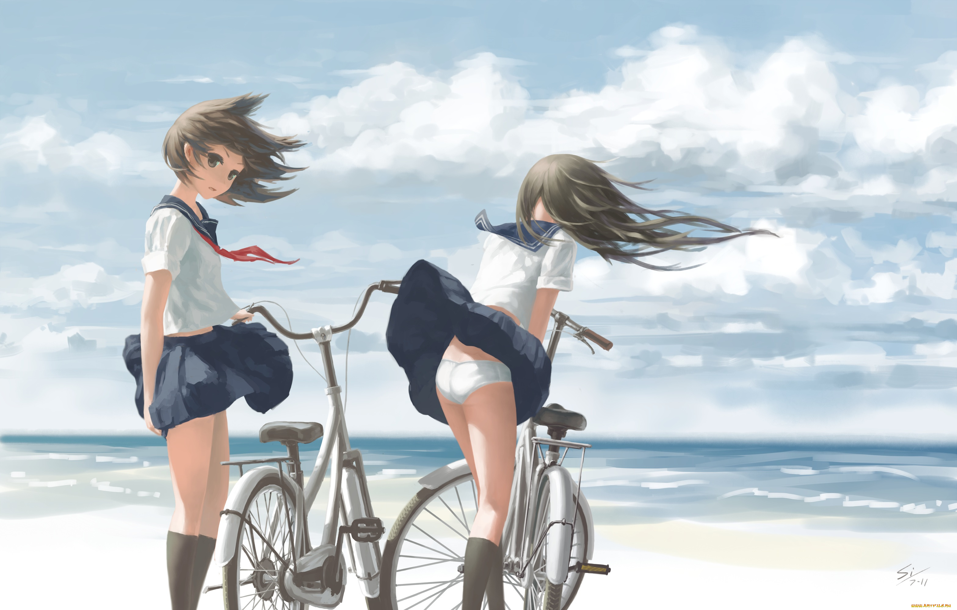 аниме, unknown, , другое, si-ruanmumu, арт, девушки, пляж, море, велосипед, облака, небо, ветер
