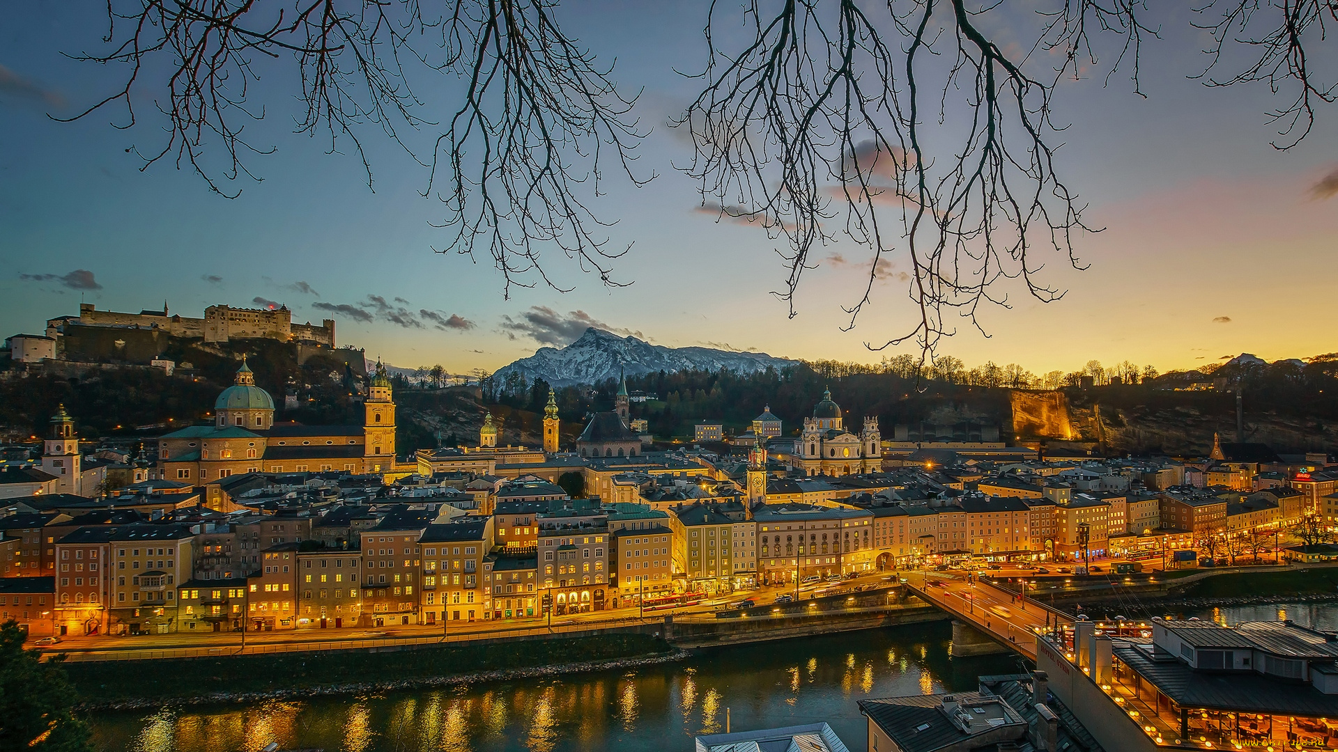 австрия, города, -, панорамы, водоем, мост, ветки, фонари, здания, гора