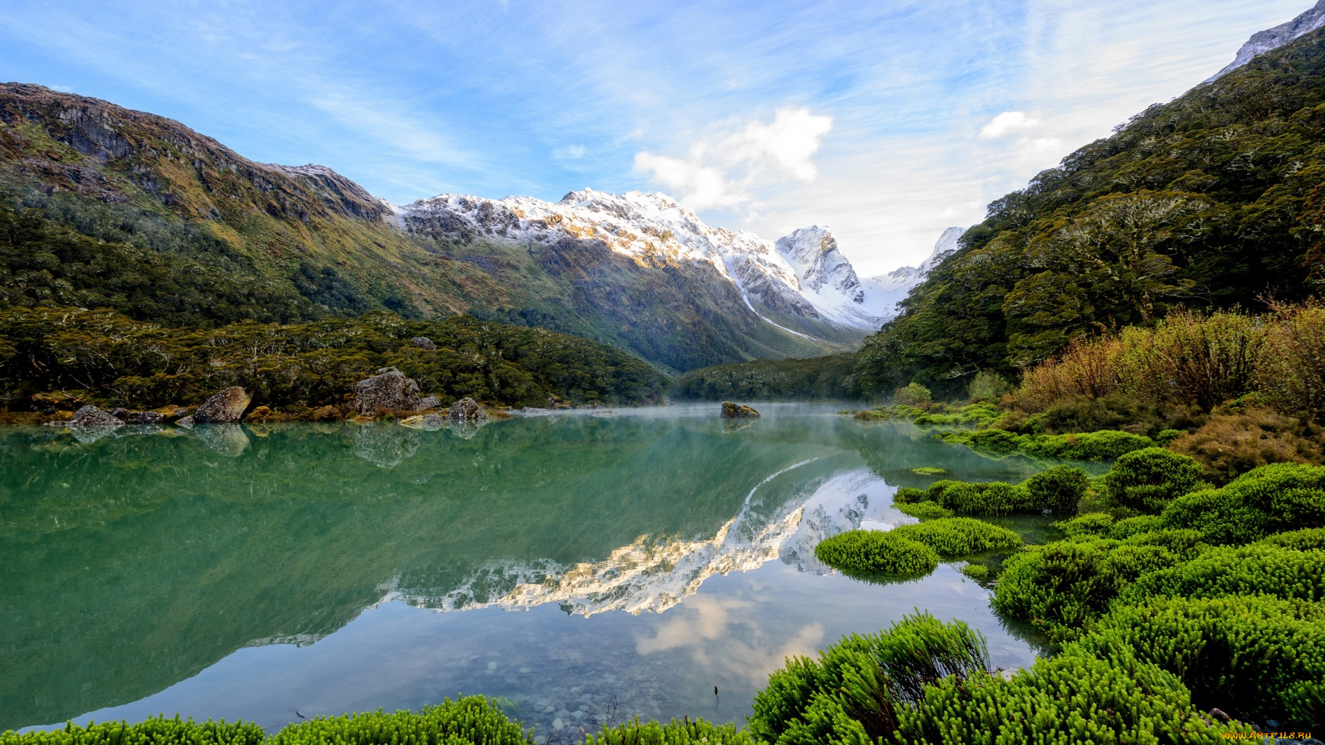новая, зеландия, природа, реки, озера, водоем, растения, отражение, горы