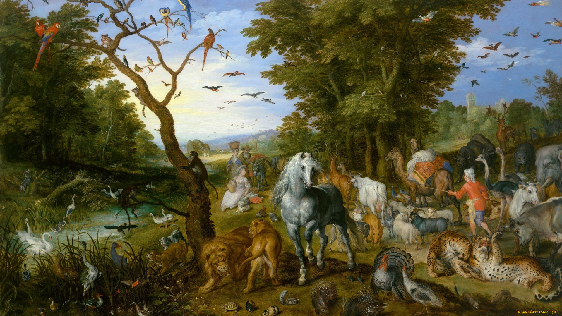 рисованное, живопись, Ян, брейгель, старший, картина, ной, собирает, животных, для, ковчега, мифология