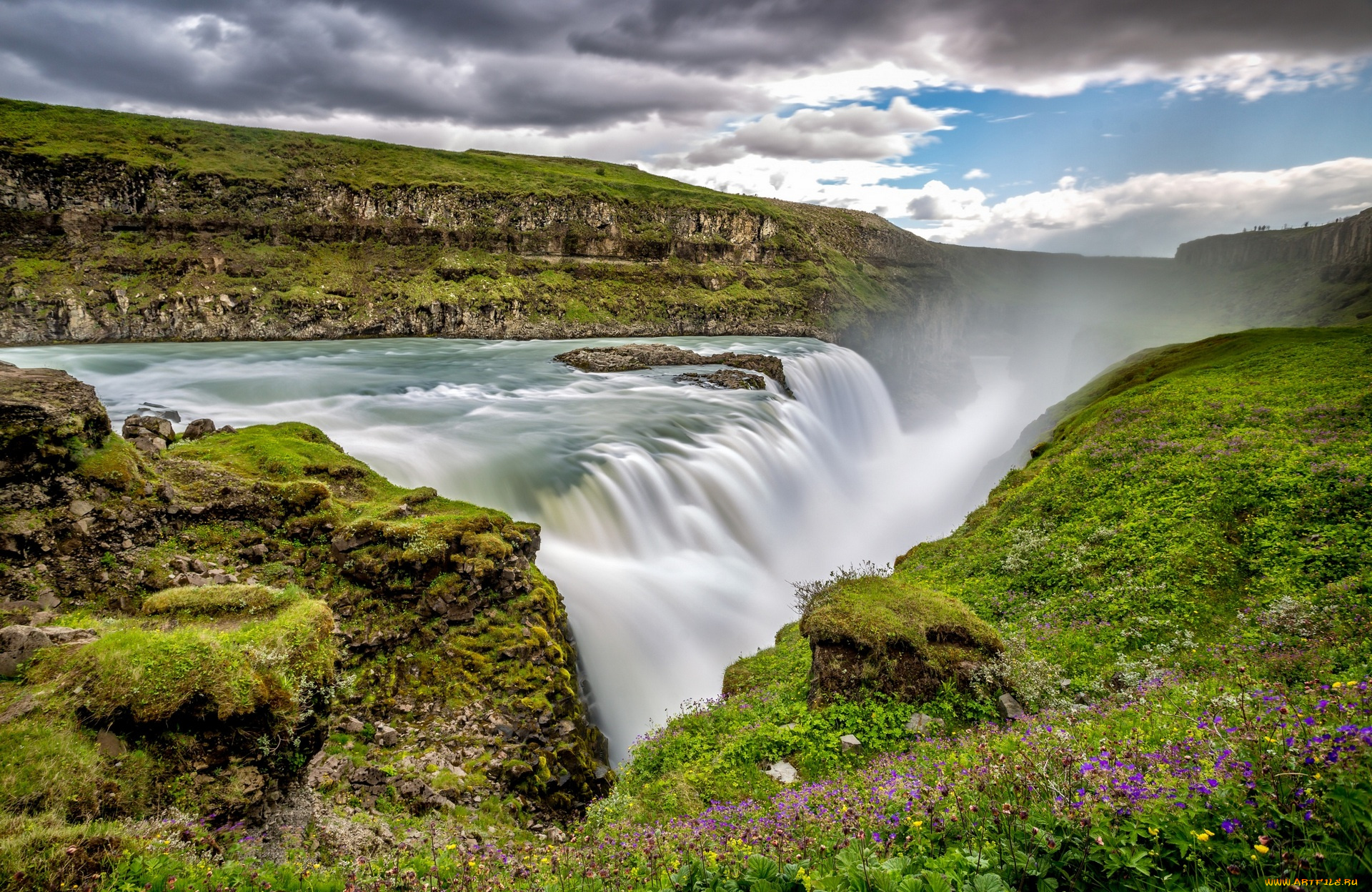 исландия, природа, водопады, трава, цветы, облака