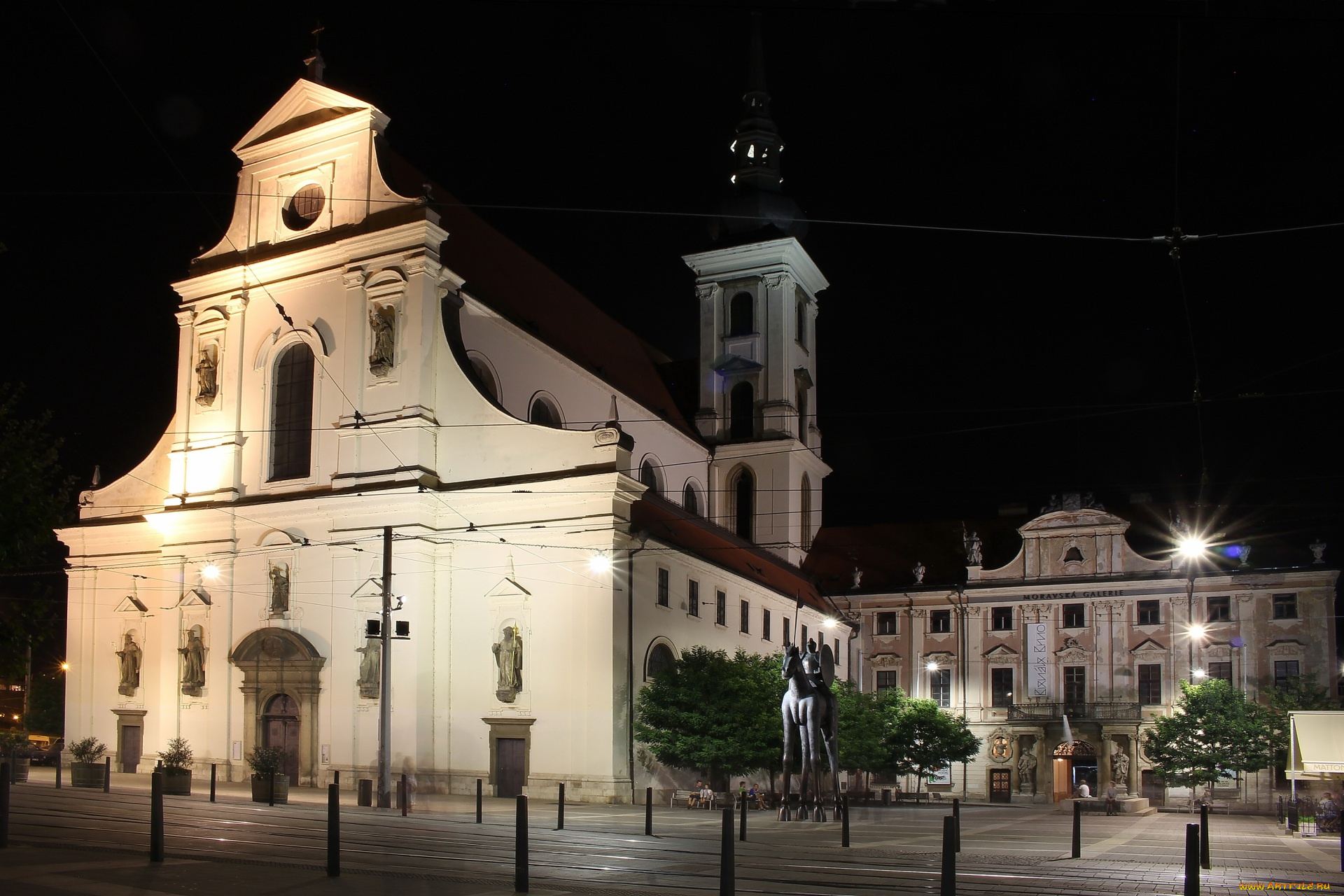 Чехия, города, -, улицы, , площади, , набережные, здания, дорога, фонари, ночь, скульптура