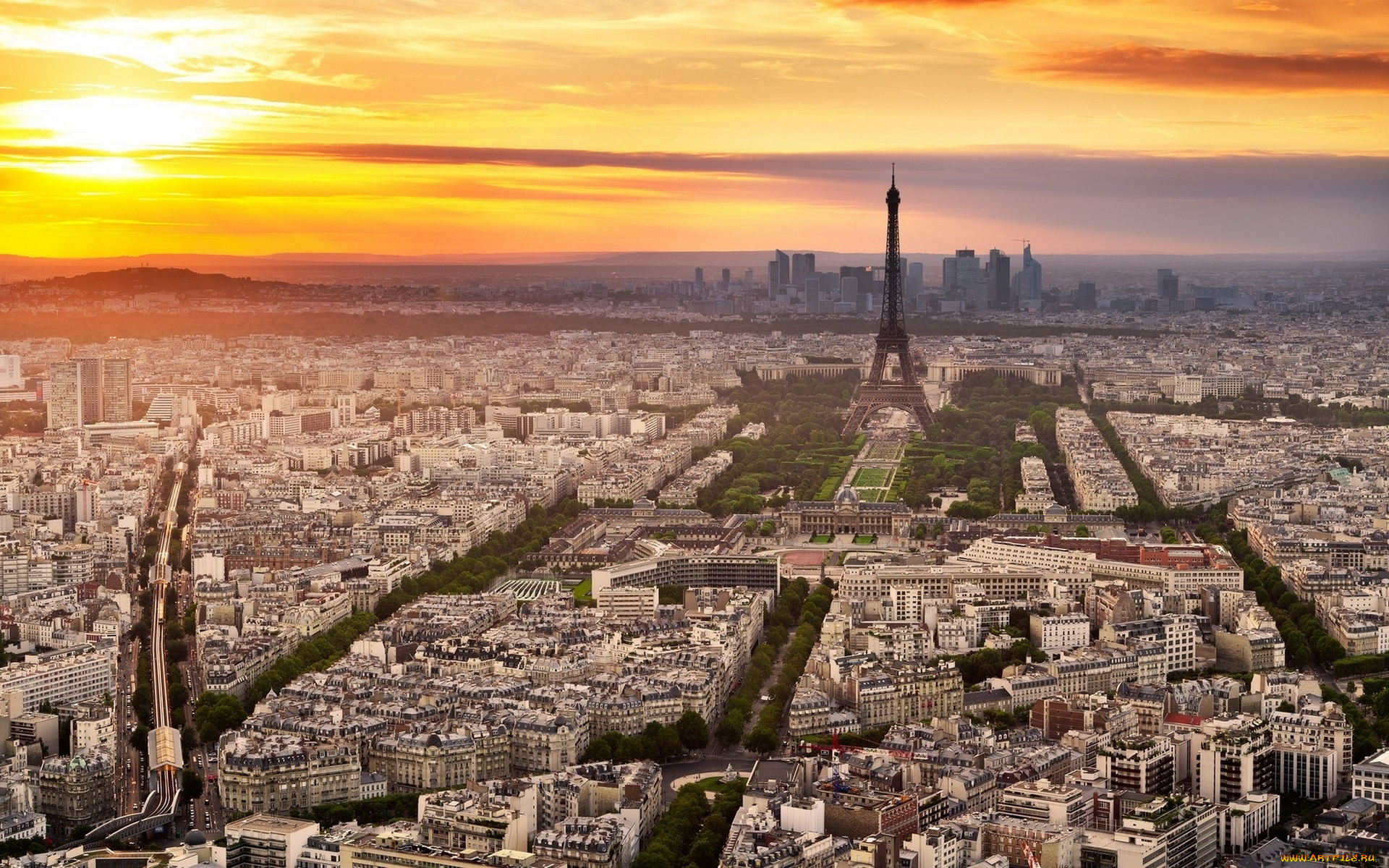 города, париж, , франция, небо, восход, панорама, башня