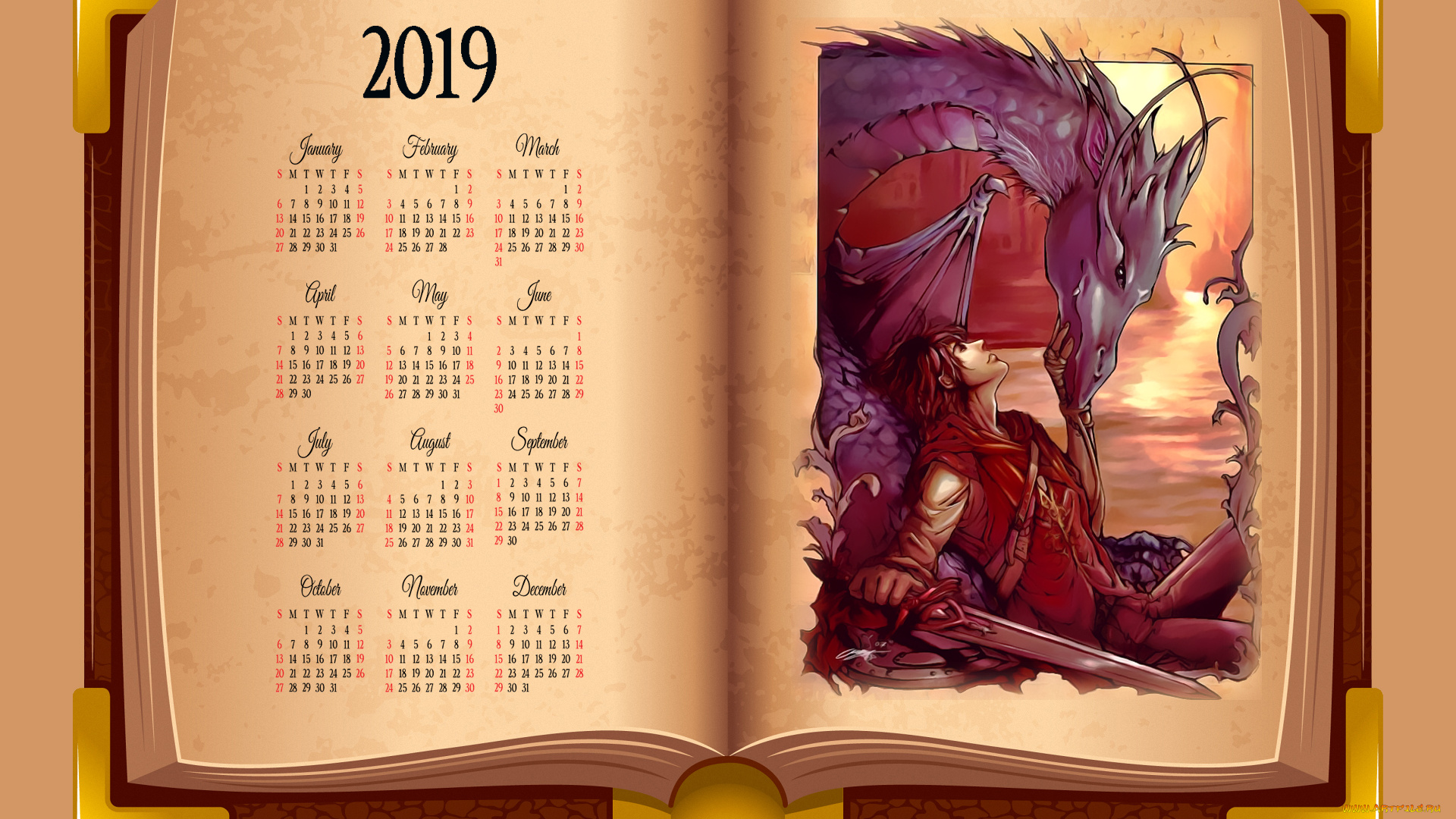календари, фэнтези, calendar, человек, мужчина, дракон, книга, 2019