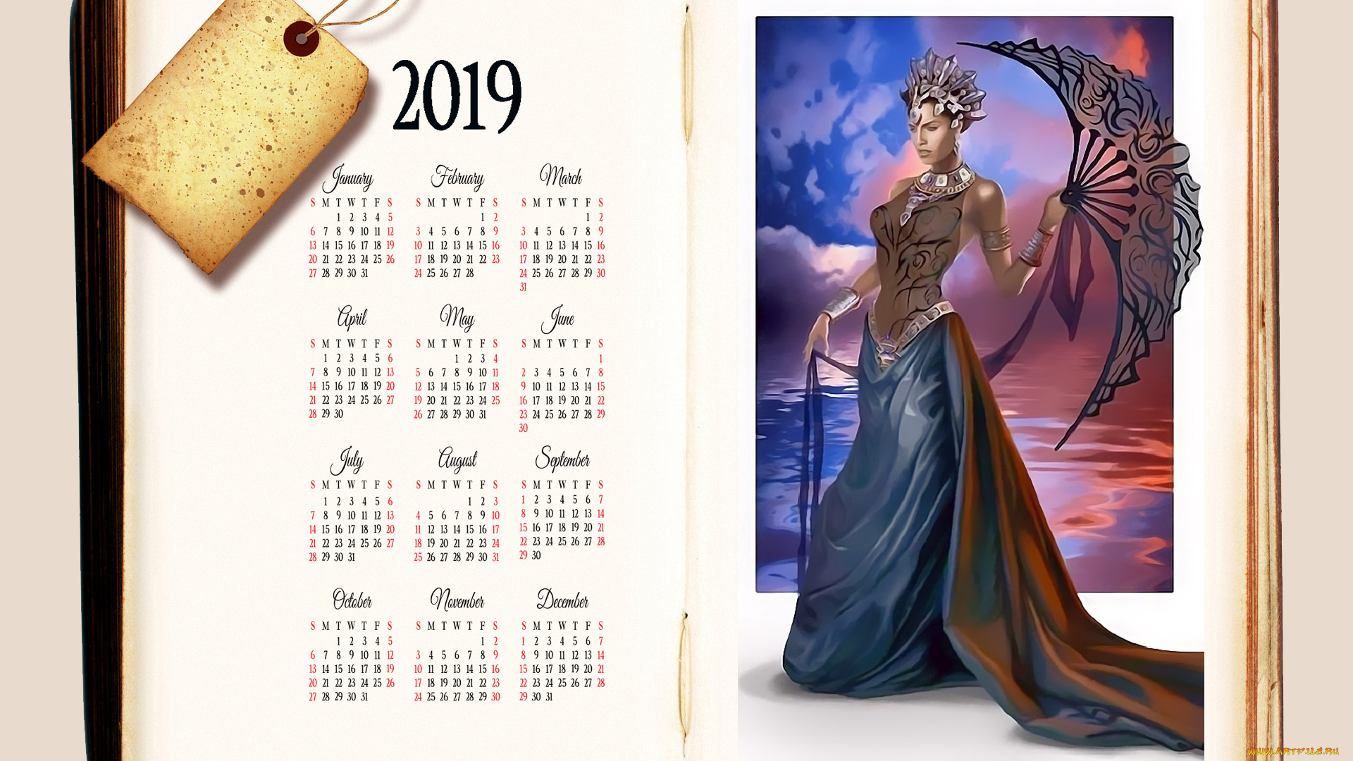 календари, фэнтези, книна, 2019, calendar, веер, девушка, женщина, водоем