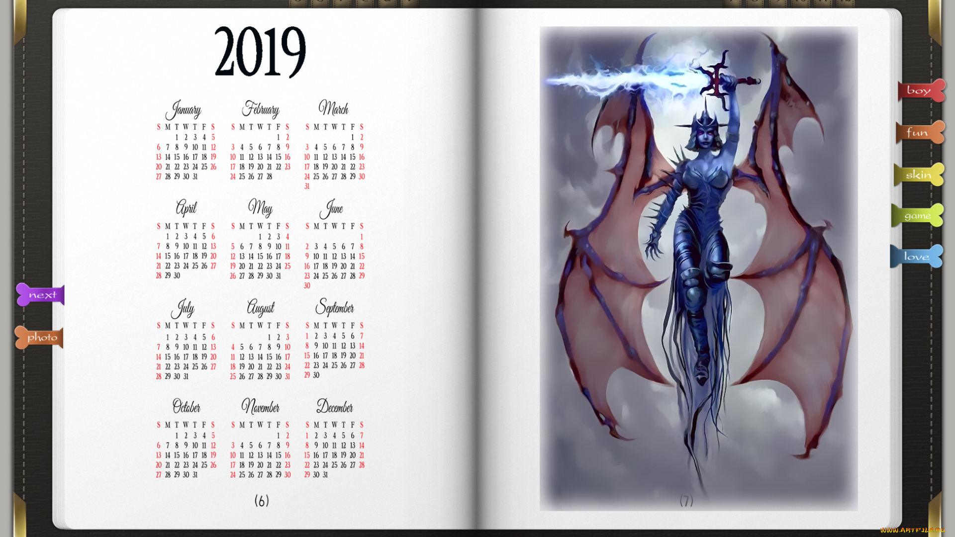 календари, фэнтези, крылья, calendar, 2019, девушка, книга, оружие