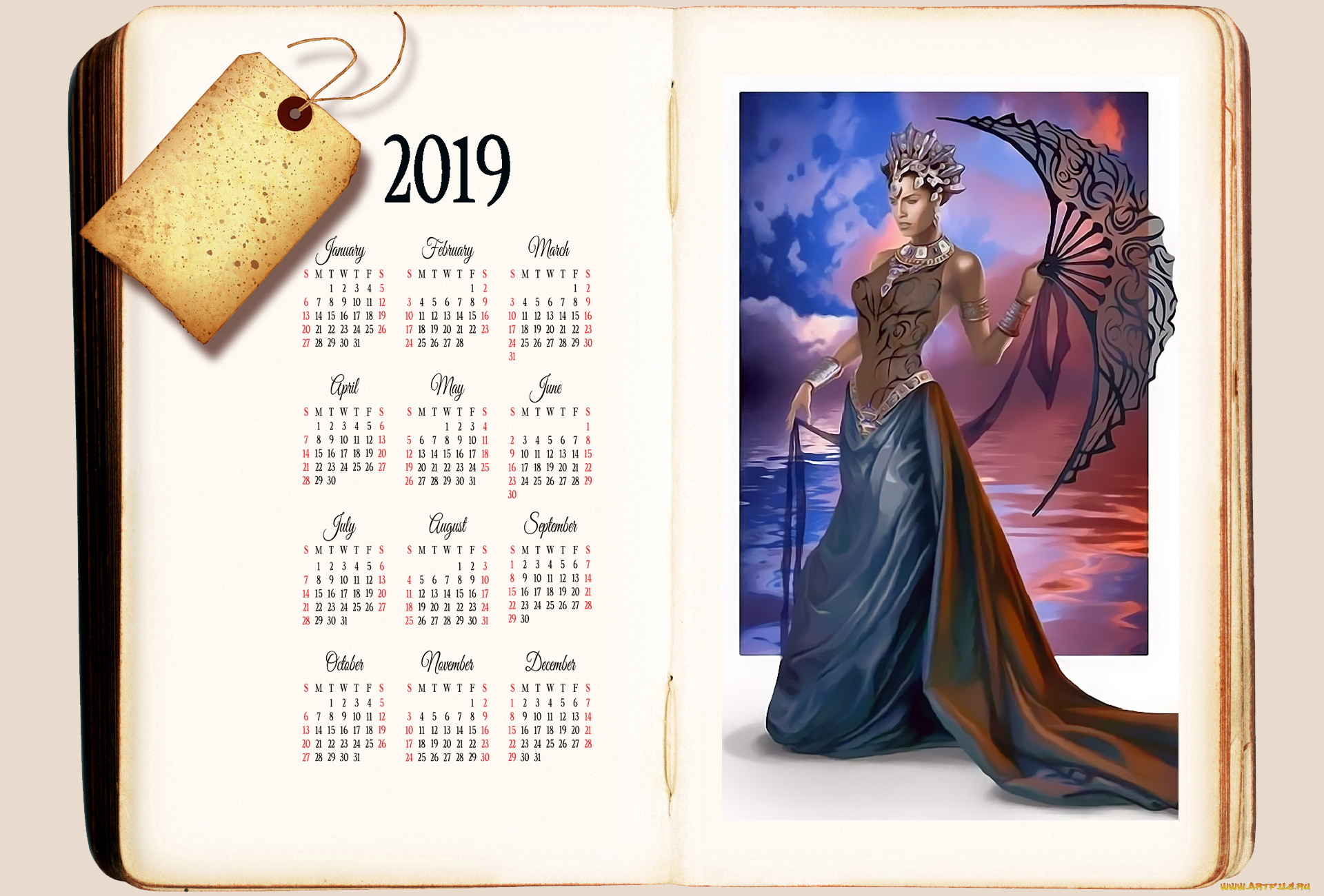 календари, фэнтези, книна, 2019, calendar, веер, девушка, женщина, водоем