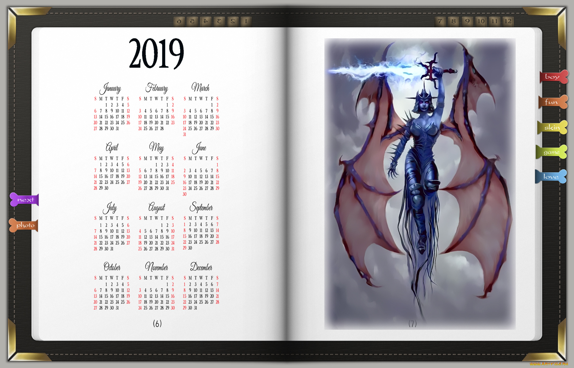 календари, фэнтези, крылья, calendar, 2019, девушка, книга, оружие