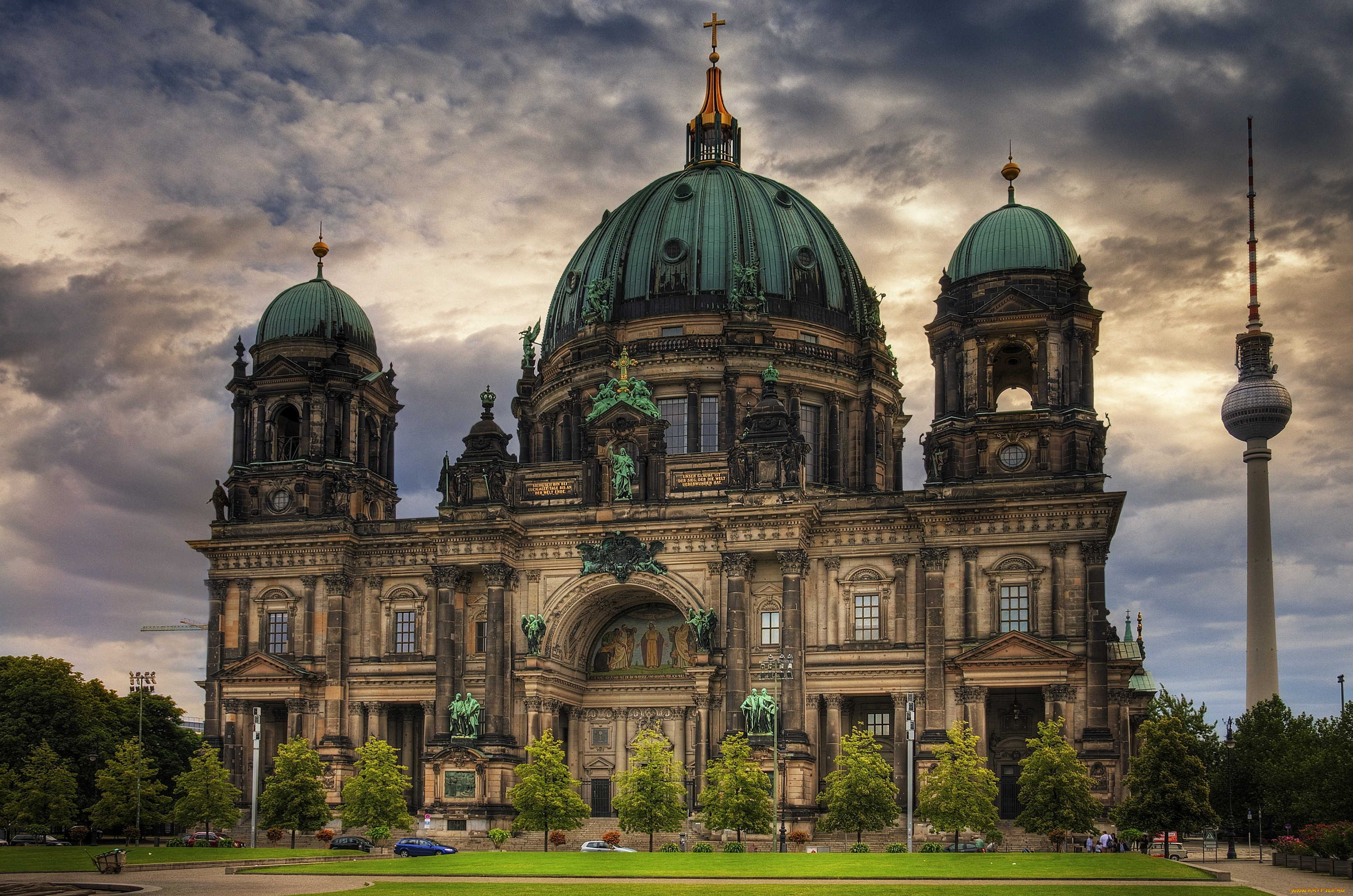 кафедральный, собор, берлина, германия, города, берлин, купола, огромный, скульптуры, крест