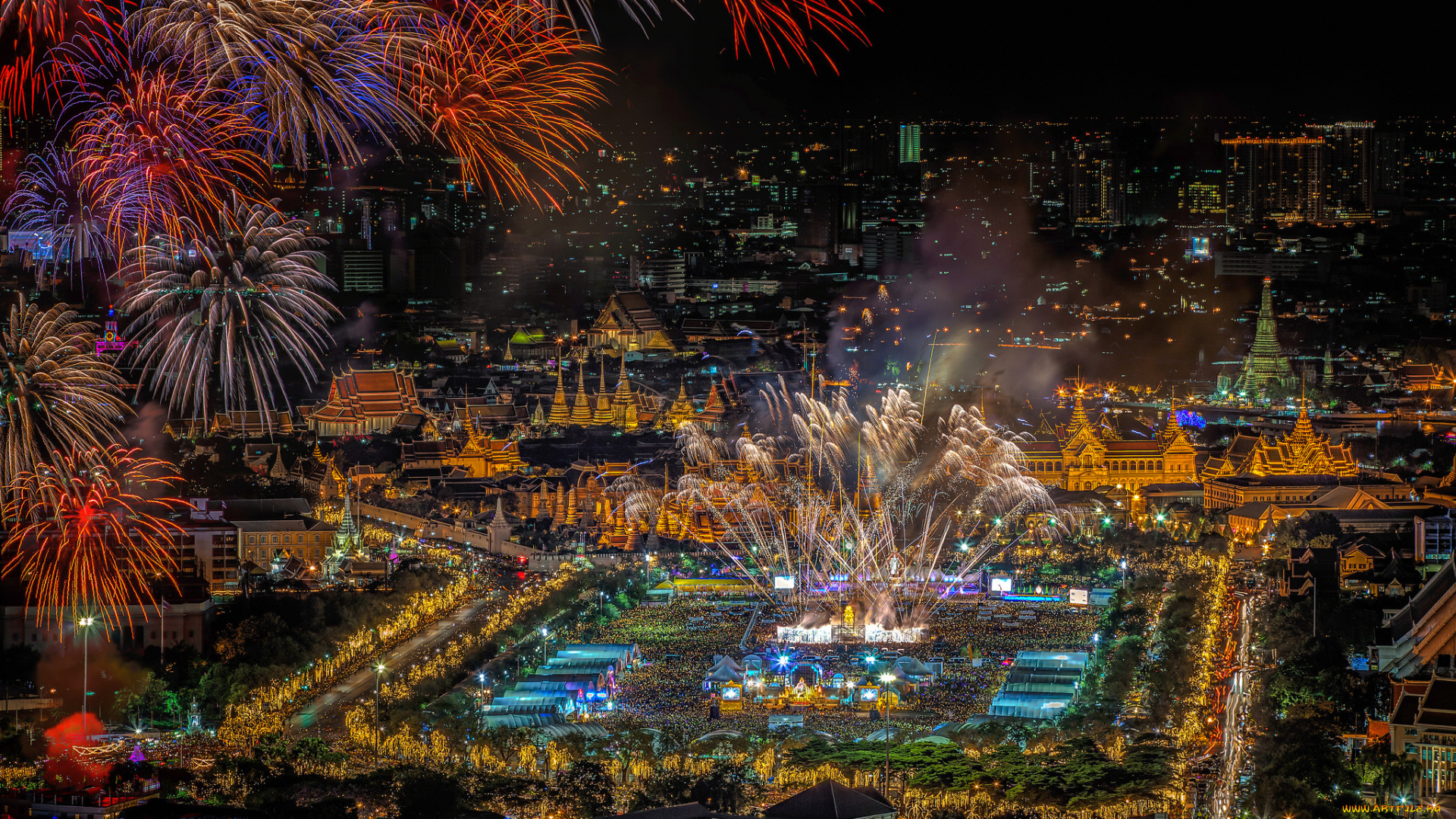 города, бангкок, , таиланд, бангкок, панорама, ночь, огни, фейерверк, салют, праздник