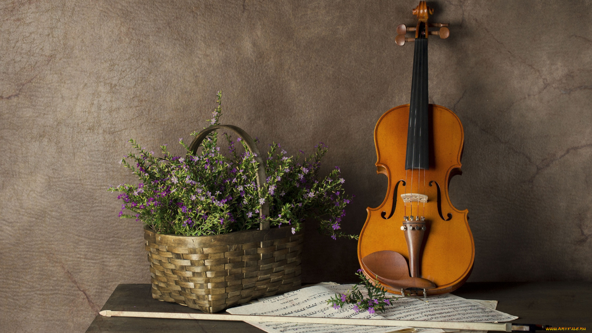 музыка, -музыкальные, инструменты, скрипка, ноты, корзина, цветы