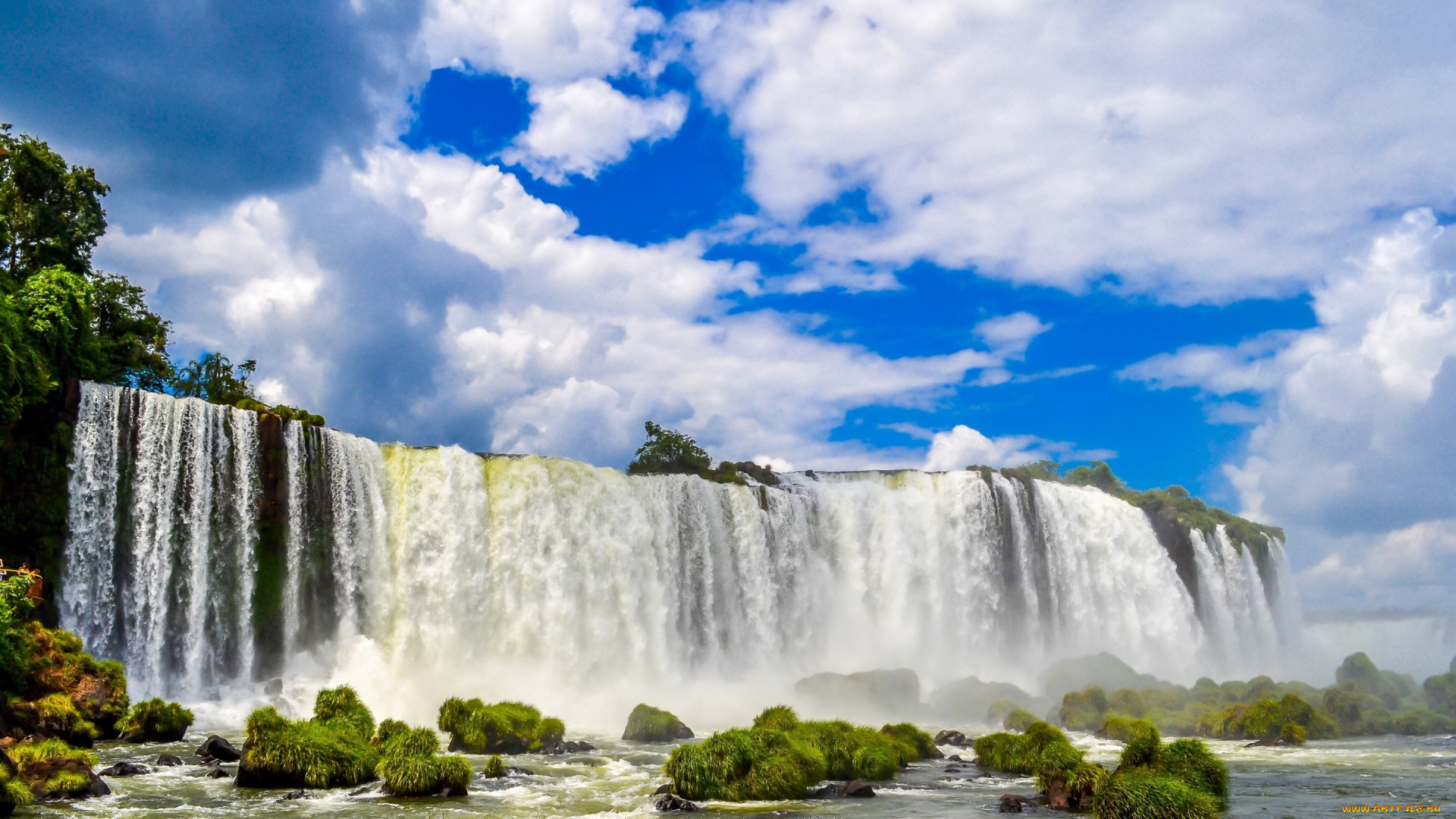 природа, водопады, бразилия, водопад, игуасу, облака, небо, кочки, brazil, iguazu, falls