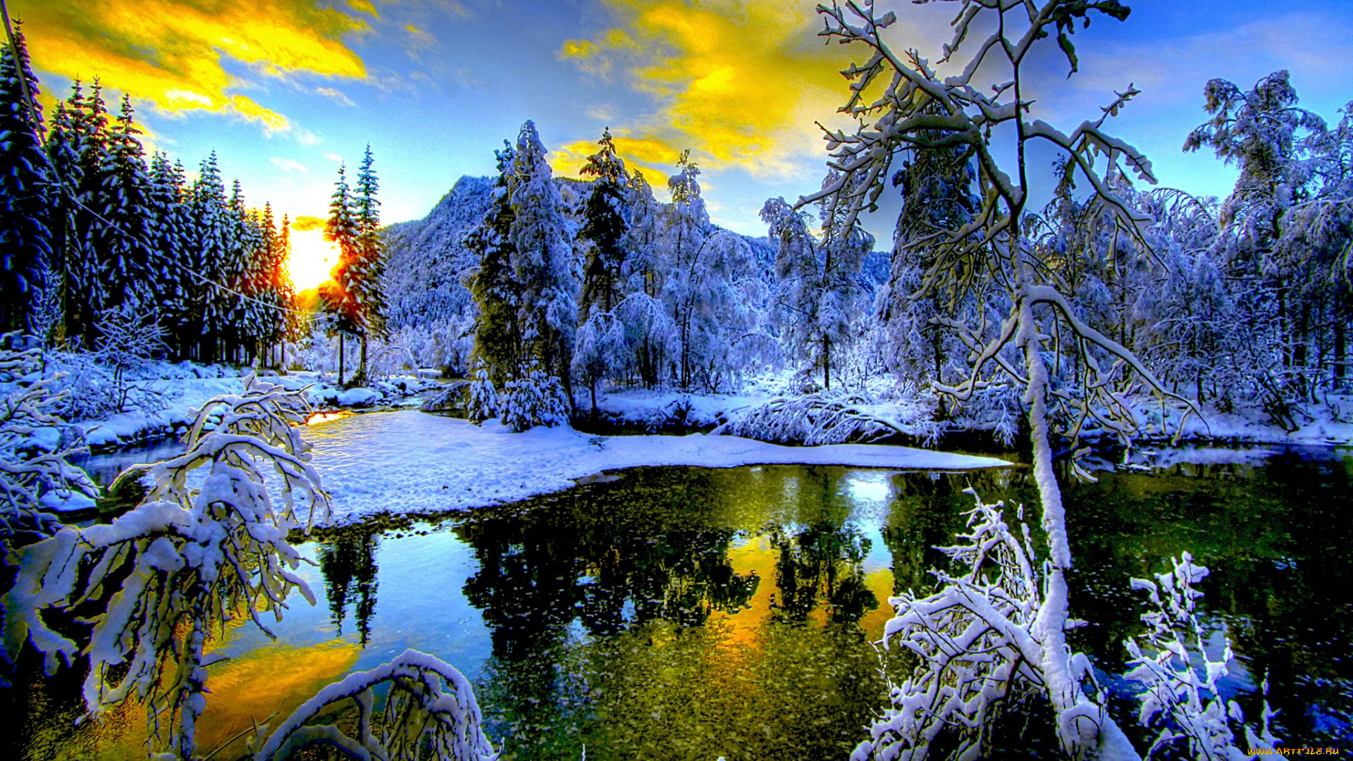 природа, восходы, закаты, снег, зима, небо, озеро, горы, закат, деревья