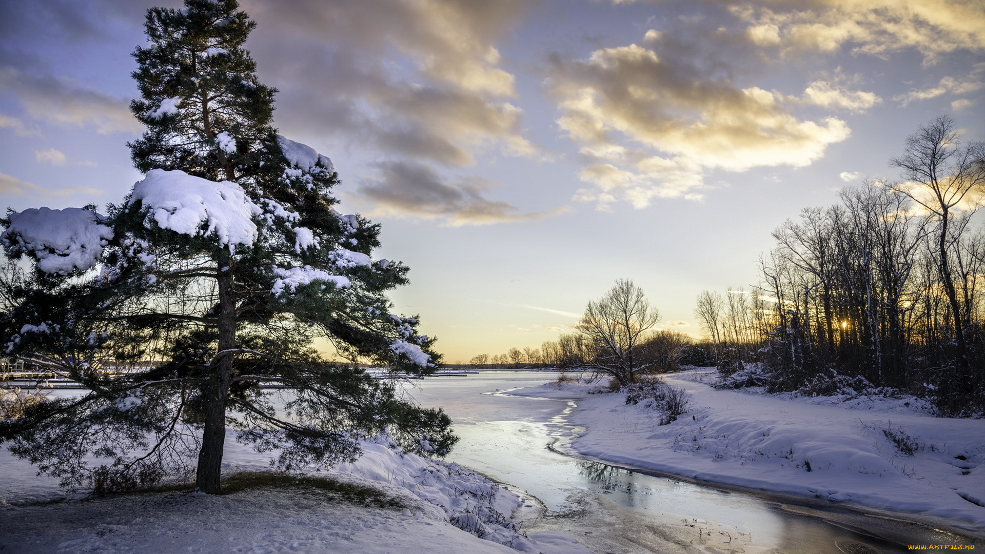 природа, зима, река, дерево, снег
