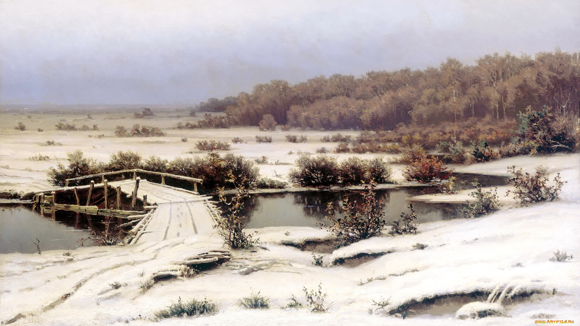 рисованное, живопись, речка, мост, картина, холод, пейзаж, первый, снег, небо, берег, вода, лес, деревья, кусты, холст