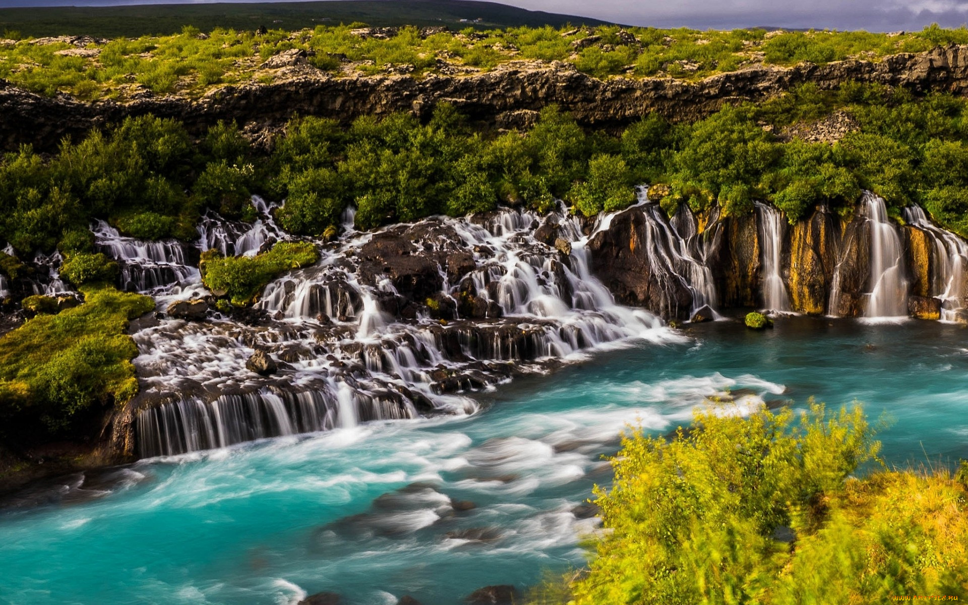 природа, водопады, река, лавовое, поле, каскад, водопад, хвитау, исландия