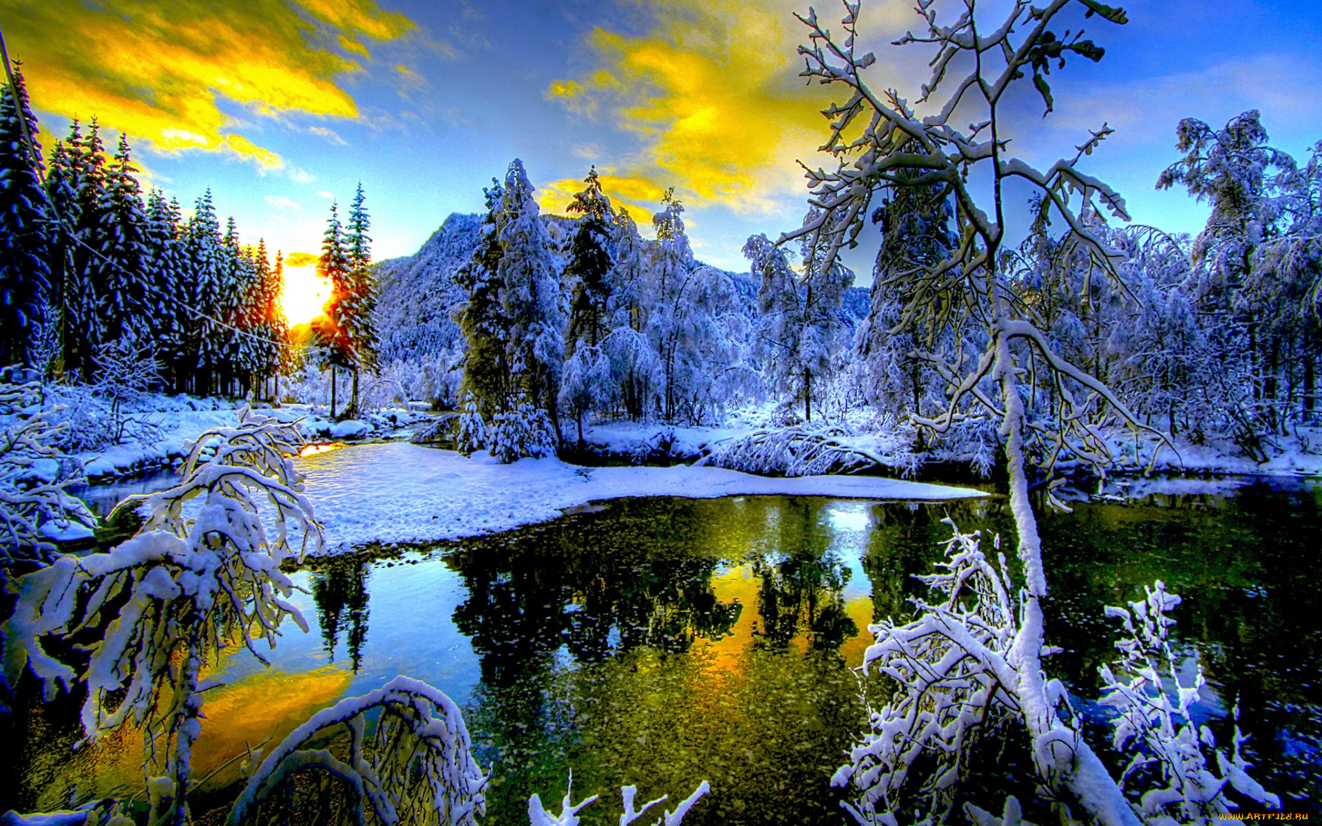 природа, восходы, закаты, снег, зима, небо, озеро, горы, закат, деревья