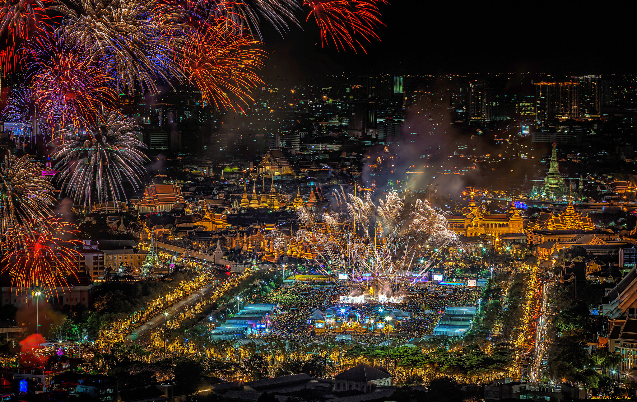 города, бангкок, , таиланд, бангкок, панорама, ночь, огни, фейерверк, салют, праздник