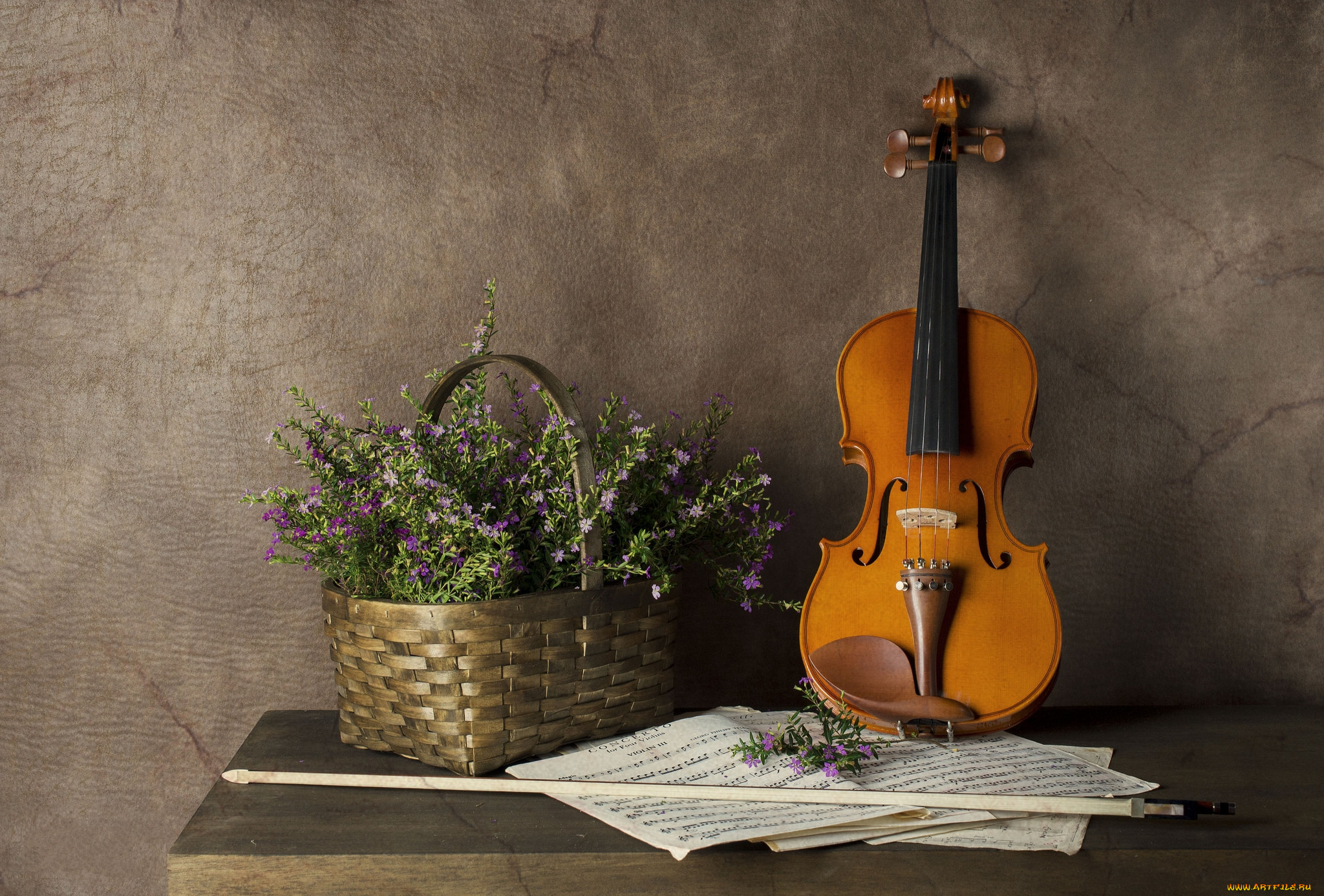 музыка, -музыкальные, инструменты, скрипка, ноты, корзина, цветы