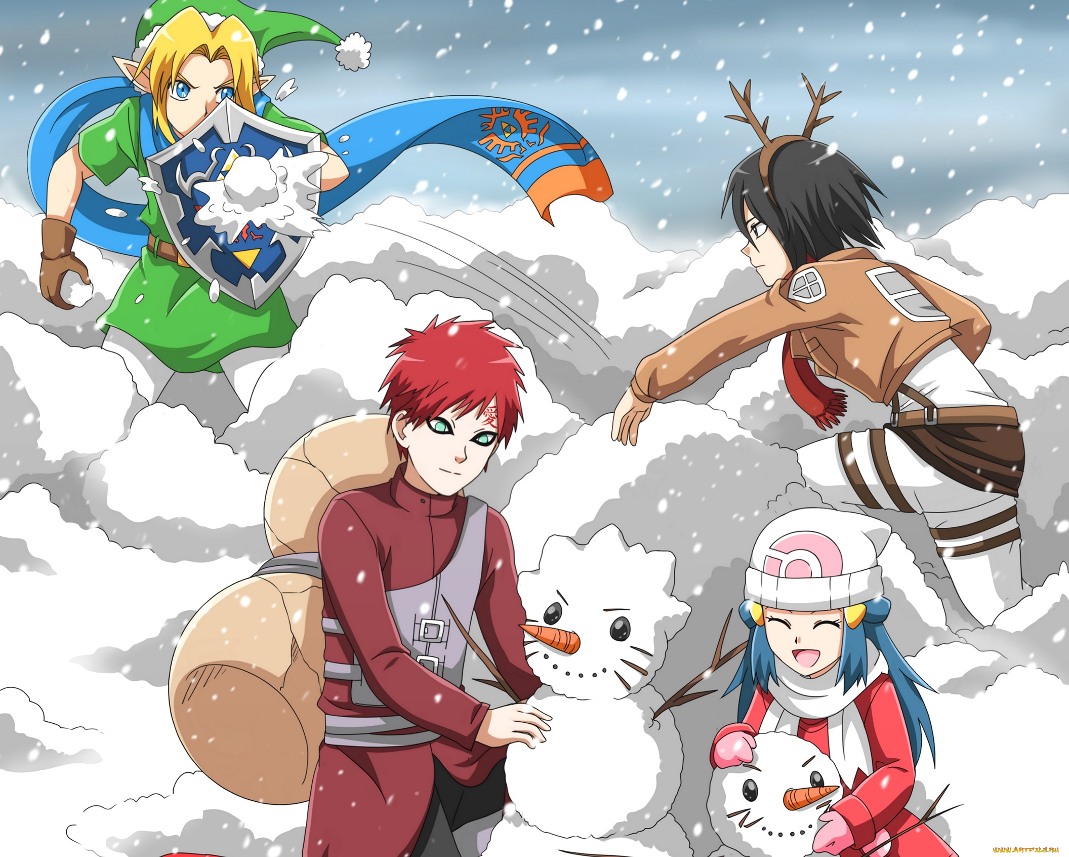 аниме, unknown, , другое, зима, снеговики
