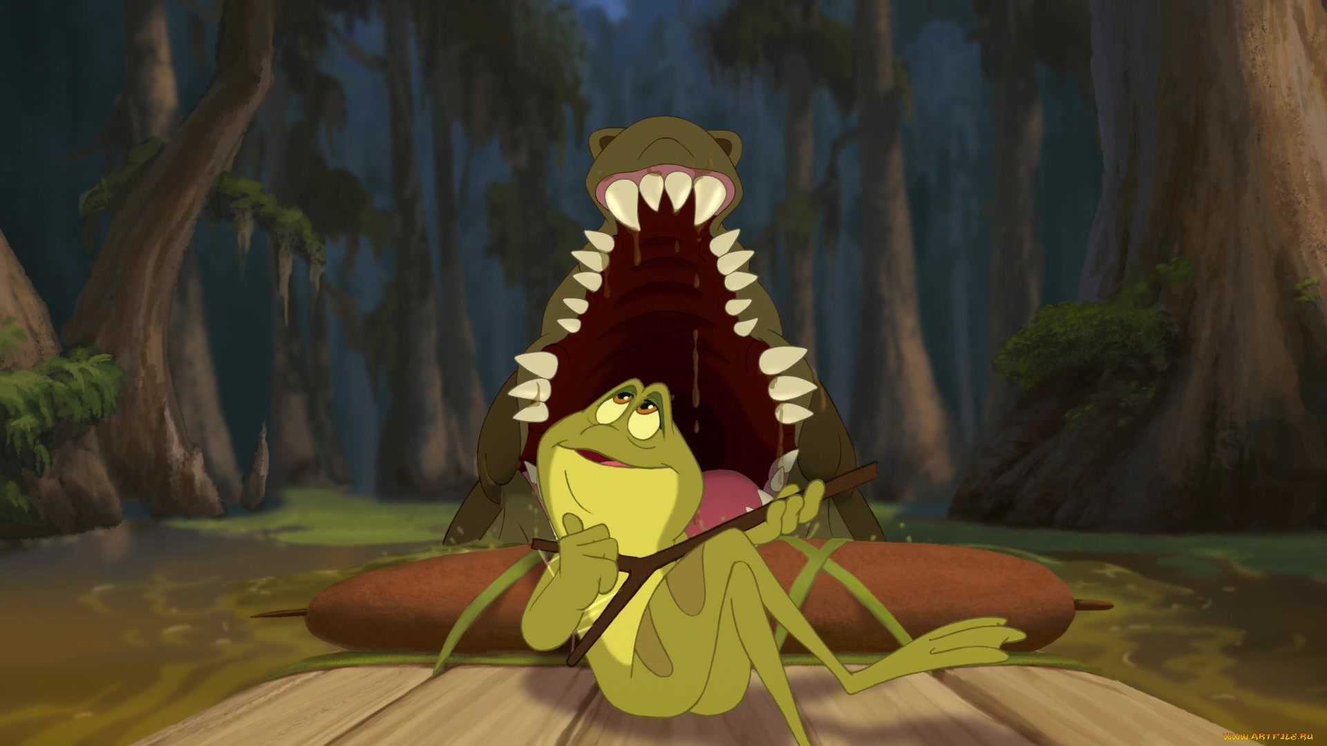 мультфильмы, the, princess, and, the, frog, лягушка, крокодил, водоем, деревья