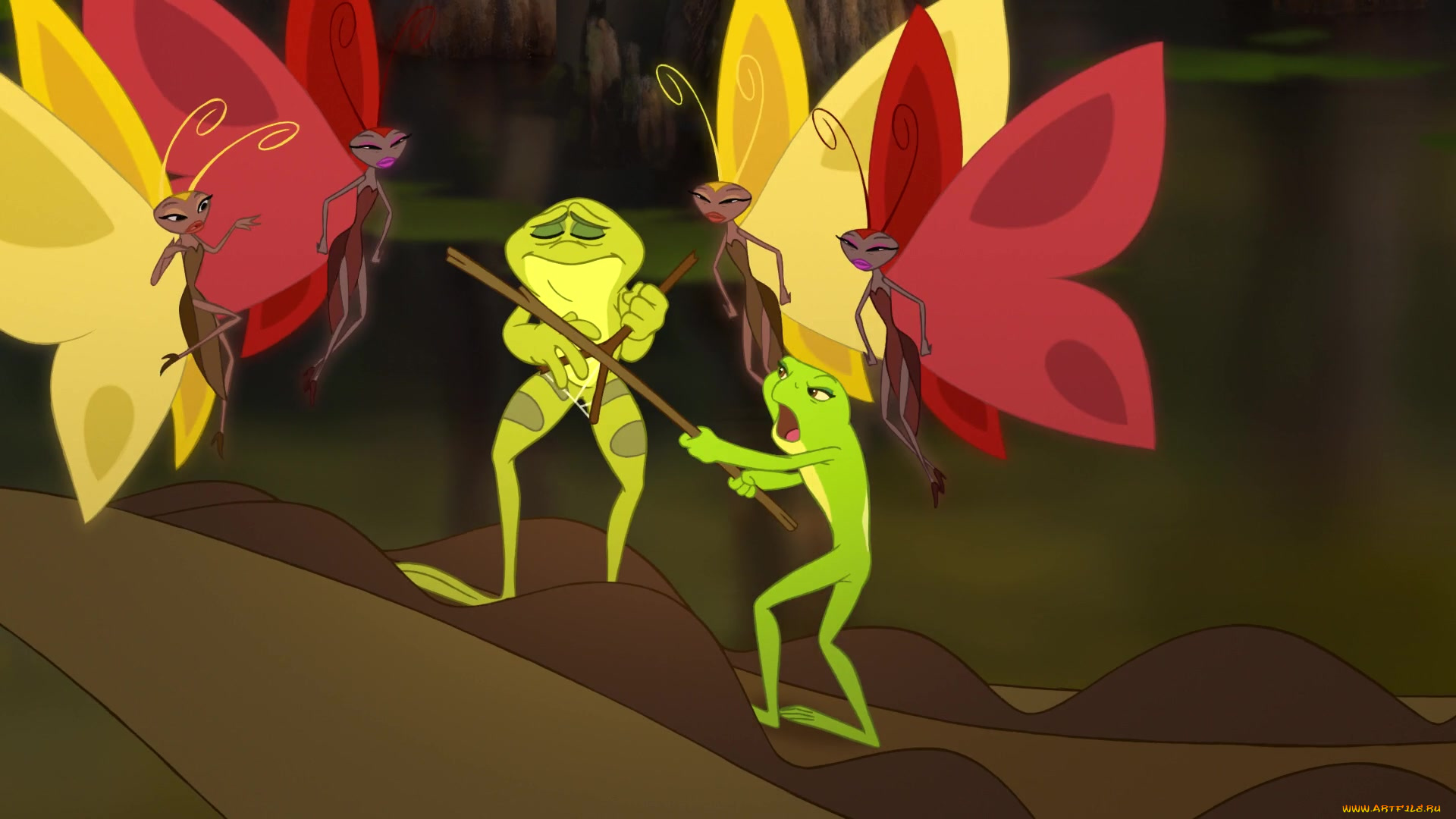 мультфильмы, the, princess, and, the, frog, лягушка, бабочки, палка