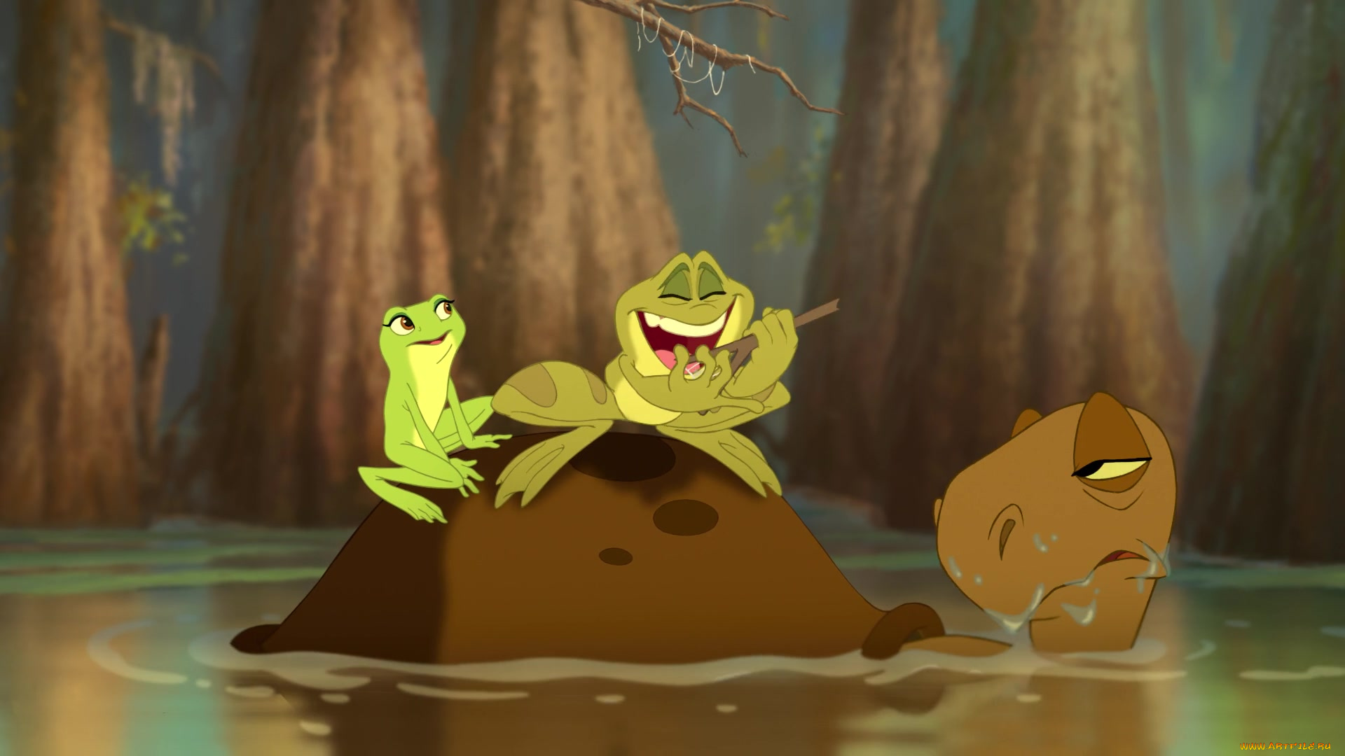 мультфильмы, the, princess, and, the, frog, лягушка, черепаха, водоем, деревья