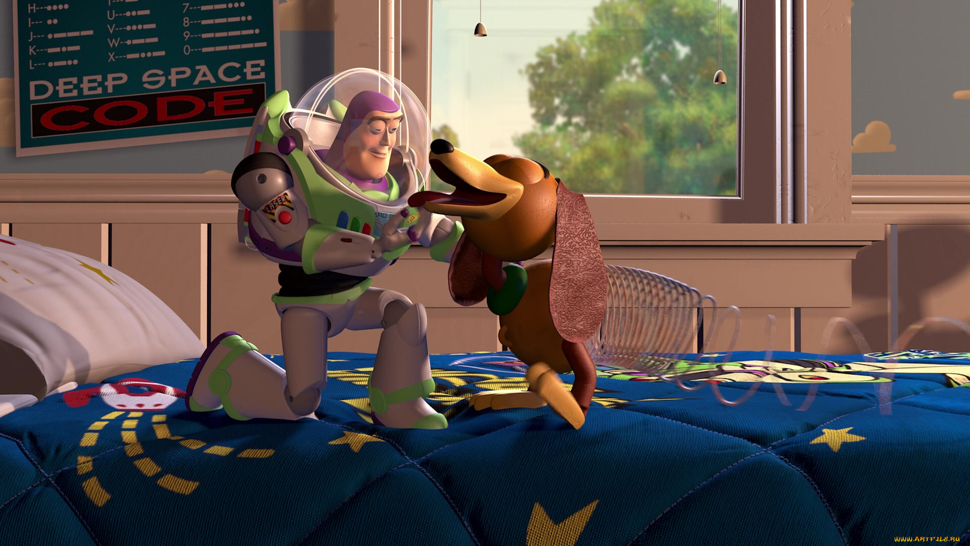 мультфильмы, toy, story, кровать, окно, собака, космонавт, игрушки