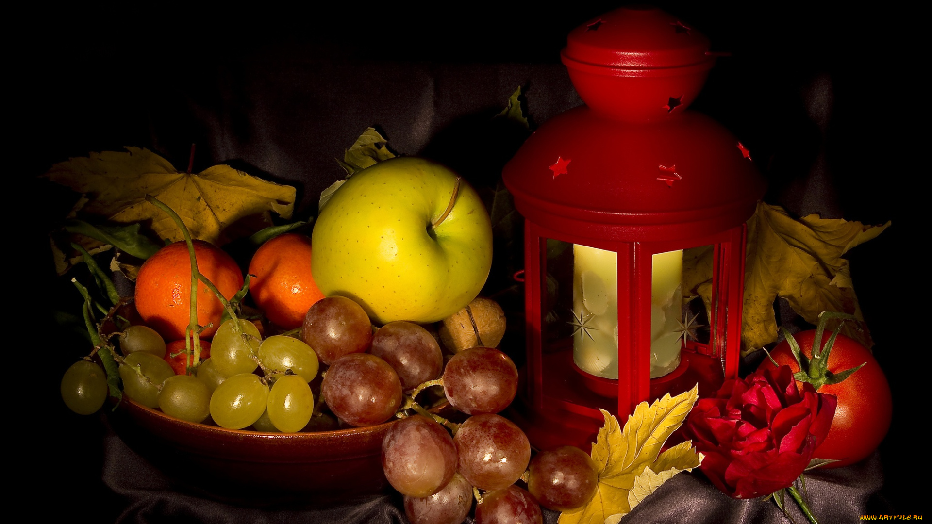 еда, натюрморт, виноград, яблоко, осень, листья, фонарь, натюрмотр, мандарины, томаты, помидоры