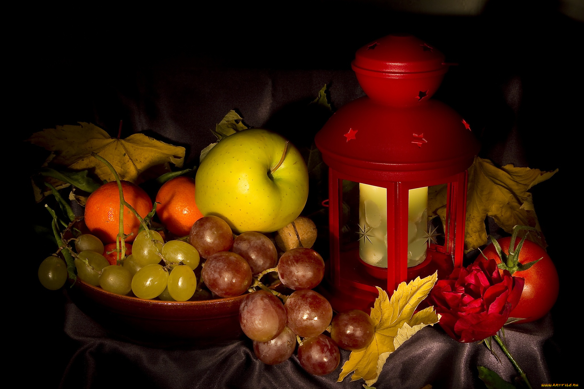 еда, натюрморт, виноград, яблоко, осень, листья, фонарь, натюрмотр, мандарины, томаты, помидоры