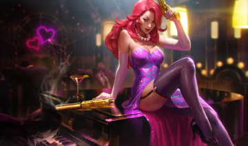 Картинка видео+игры league+of+legends девушка фон взгляд рояль платье чулки пистолет missfortune