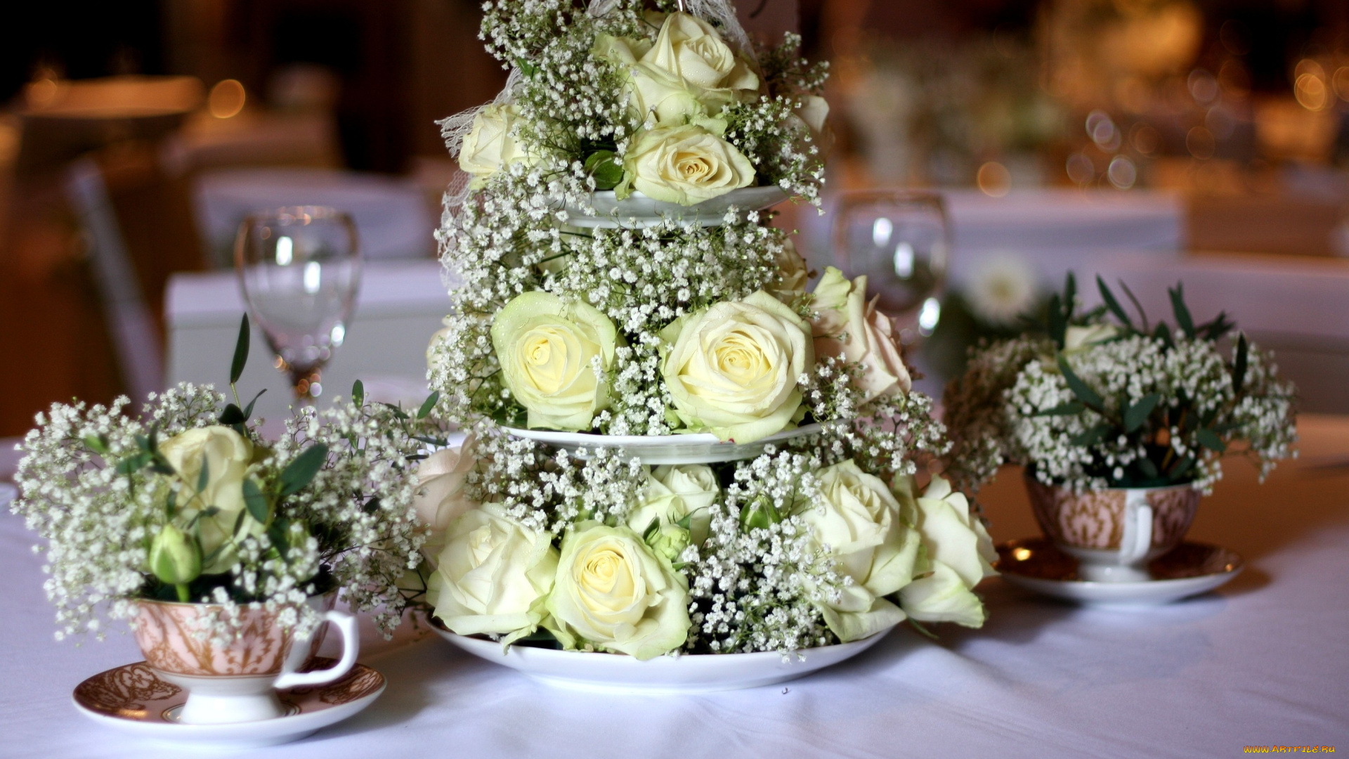цветы, букеты, композиции, тарелки, розы, посуда, свадьба