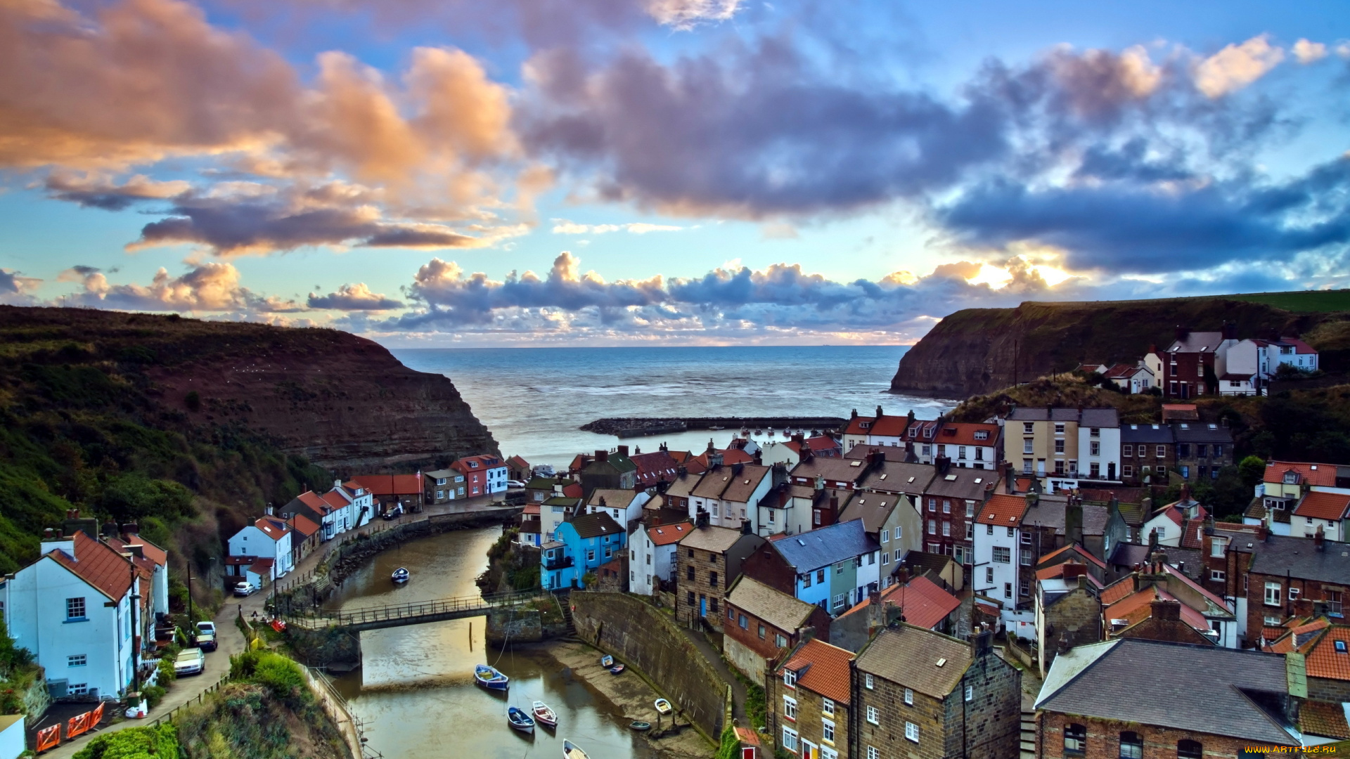 города, панорамы, здания, мост, река, море, staithes, england