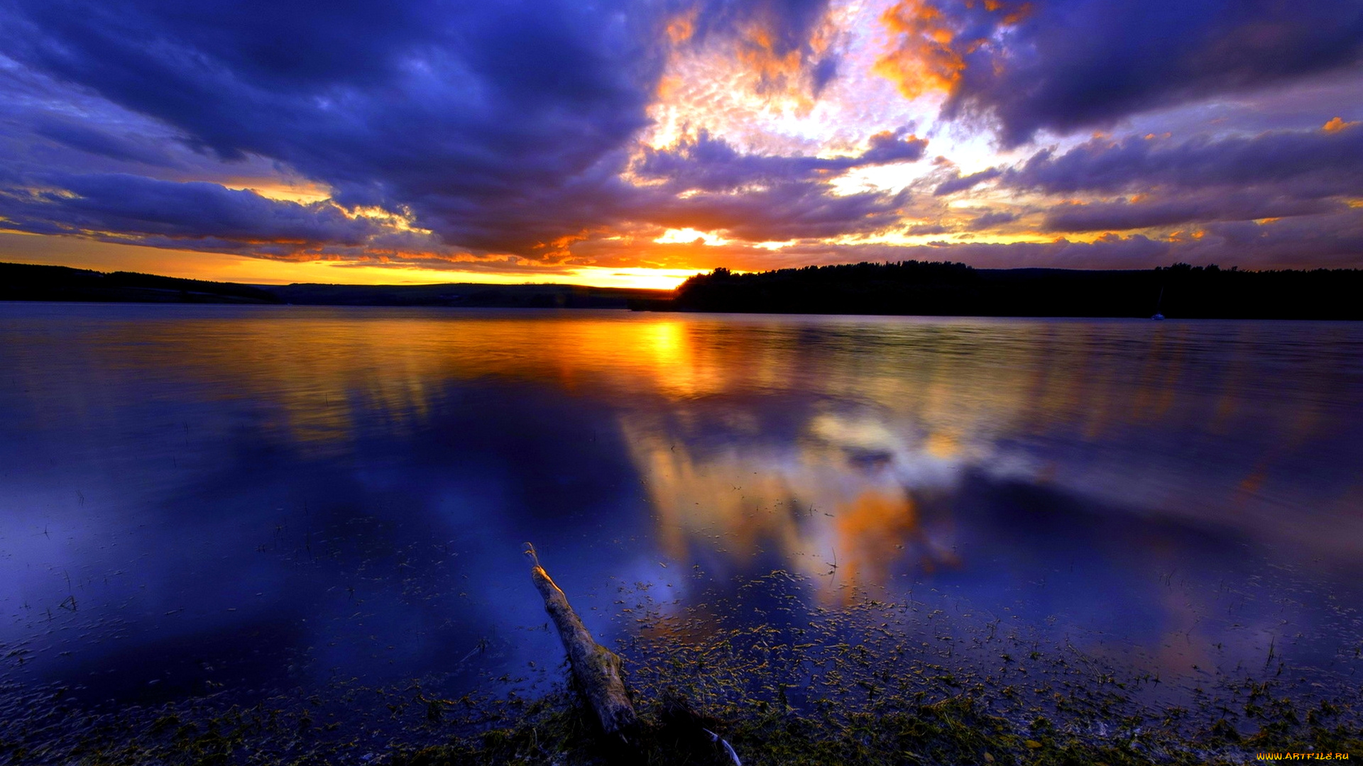 lake, at, dusk, природа, реки, озера, тучи, озеро, вечер, закат