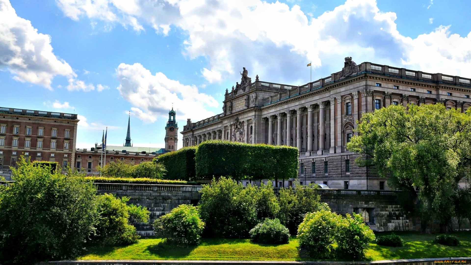 riksdagshuset, города, стокгольм, швеция, город, парк, деревья, кустарник, здание, парламент