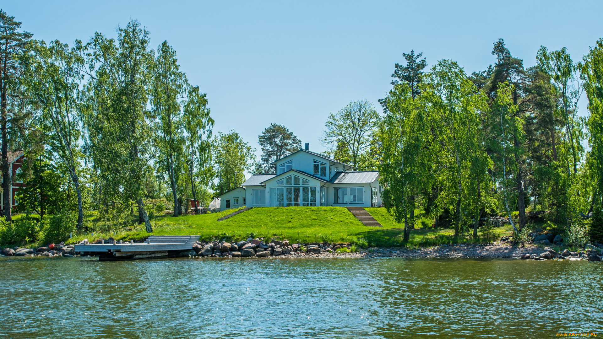 швеция, стокгольм, vaxholm, города, река, дома, деревья, пейзаж