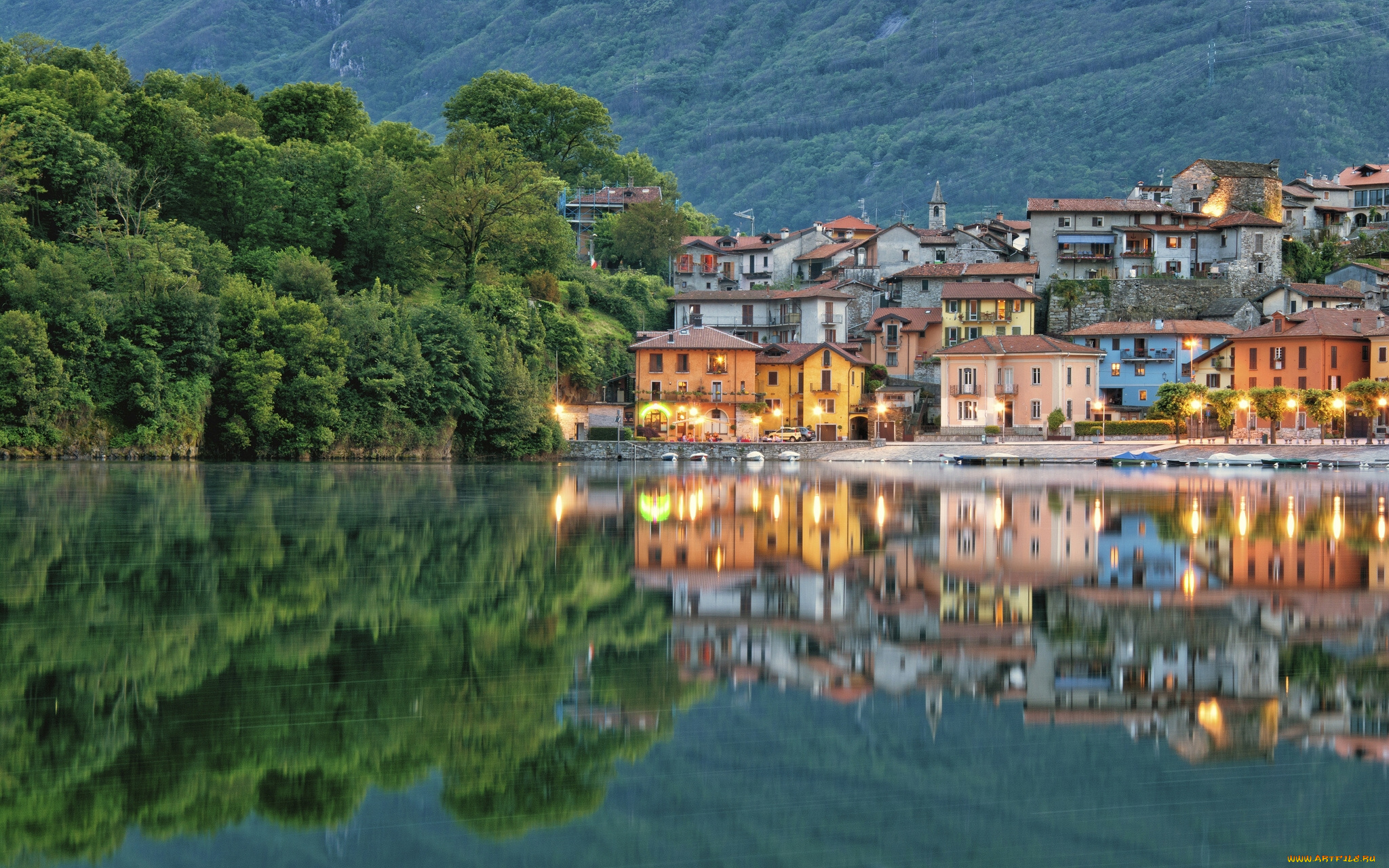 mergozzo, piedmont, italy, города, пейзажи, lake, мергоццо, италия, озеро, отражение, здания, набережная