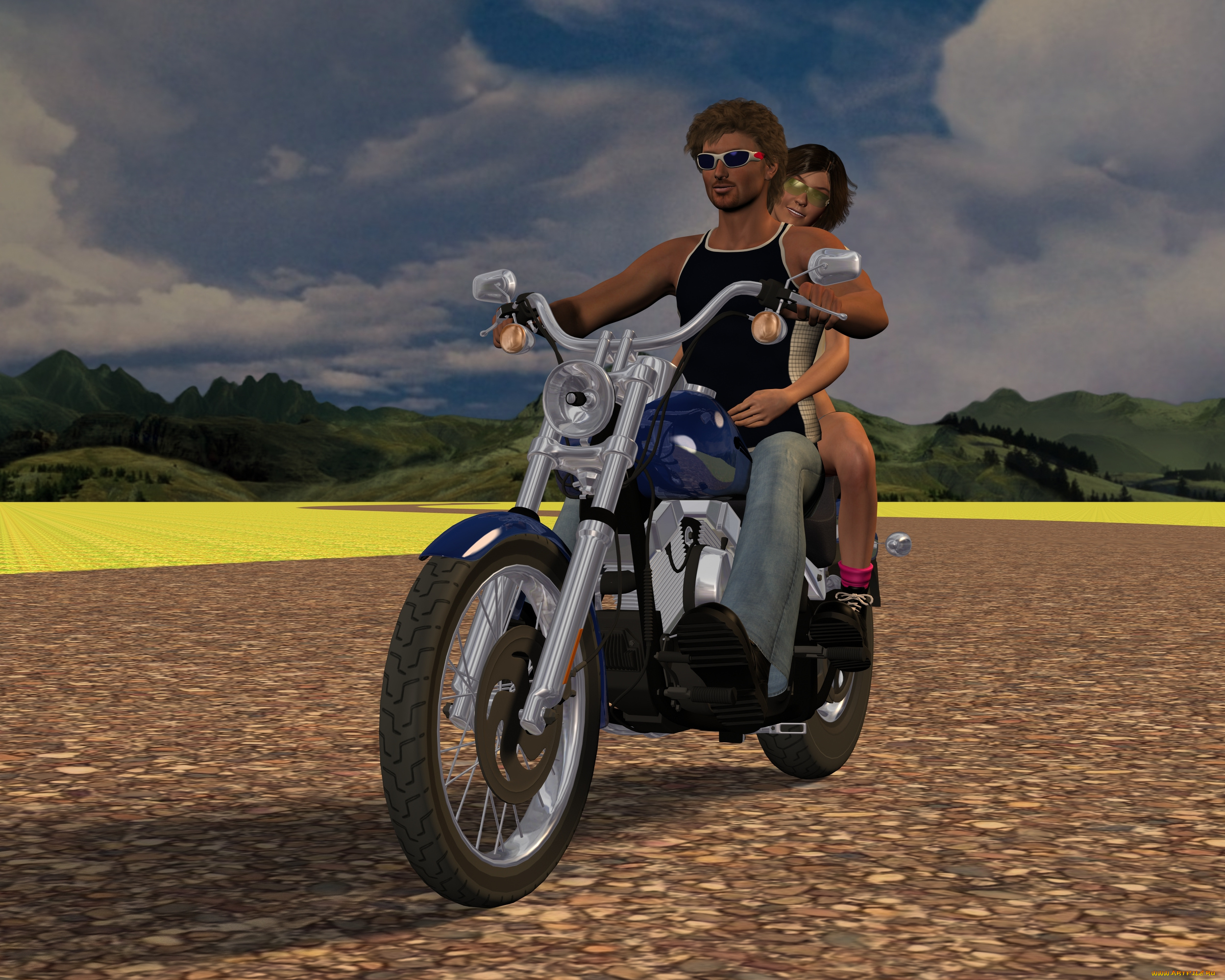 мотоциклы, 3d, мотоцикл, девушка, парень